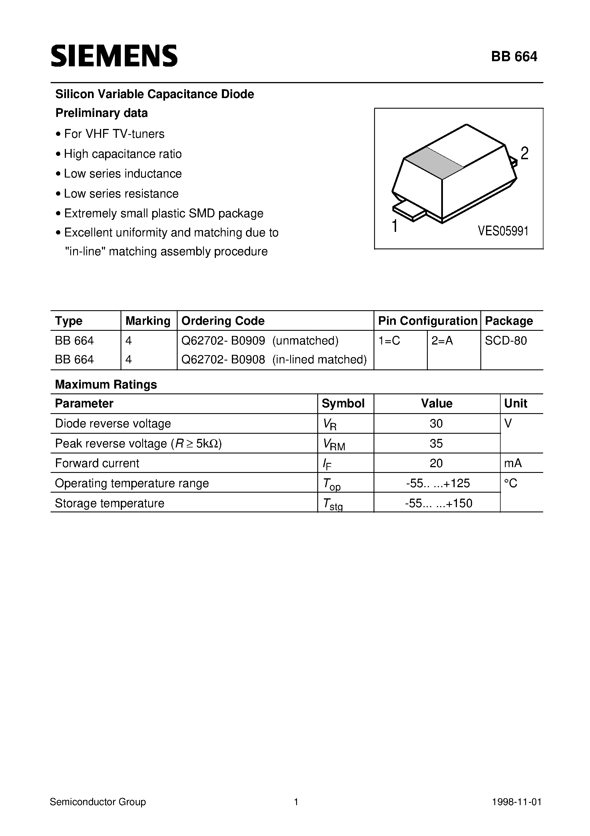 Datasheet Q62702-B0908 - Silicon Variable Capacitance Diode (For VHF TV-tuners High capacitance ratio Low series inductance Low series resistance) page 1