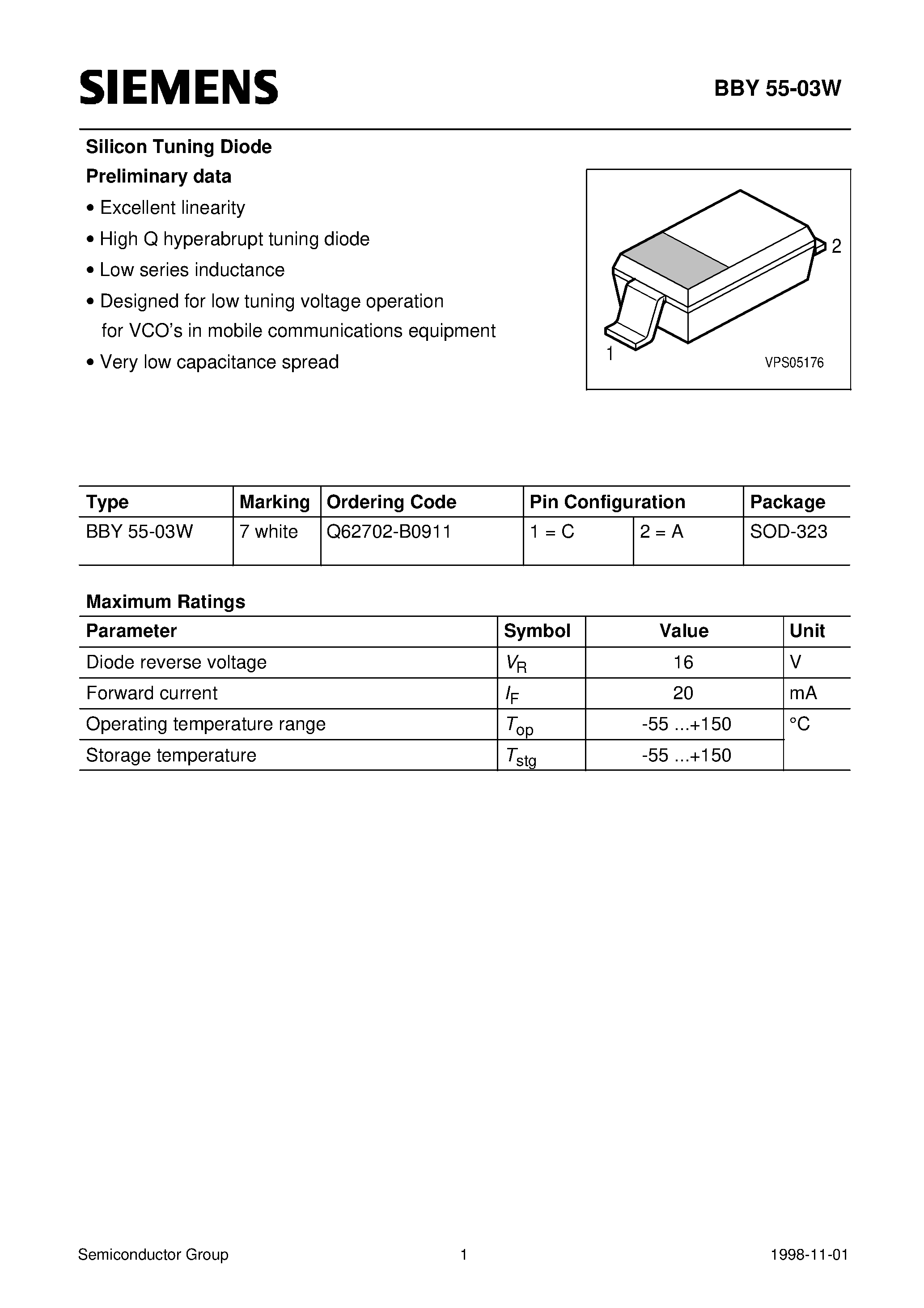 Datasheet Q62702-B0911 - Silicon Tuning Diode (Excellent linearity High Q hyperabrupt tuning diode Low series inductance) page 1
