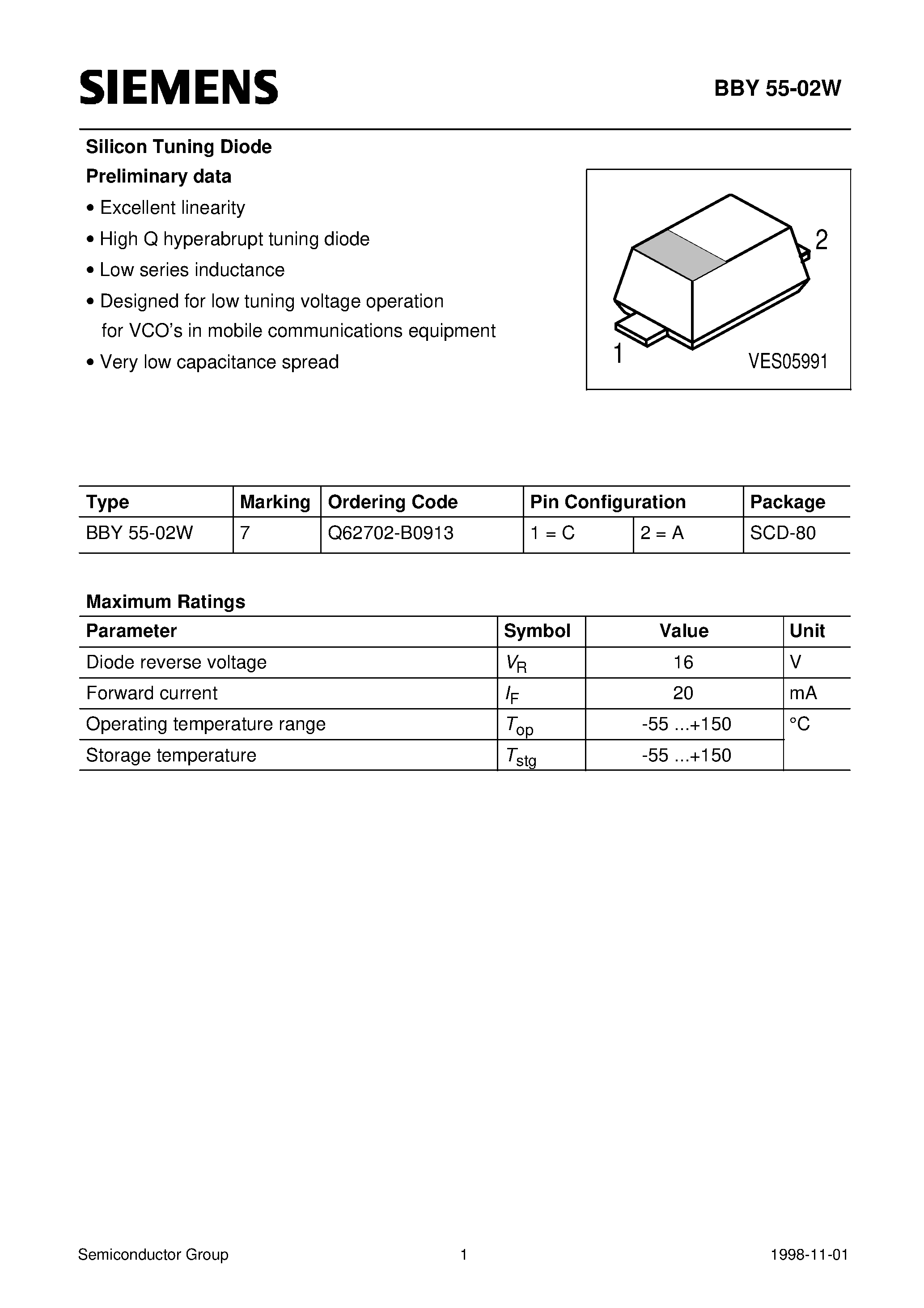 Datasheet Q62702-B0913 - Silicon Tuning Diode (Excellent linearity High Q hyperabrupt tuning diode Low series inductance) page 1