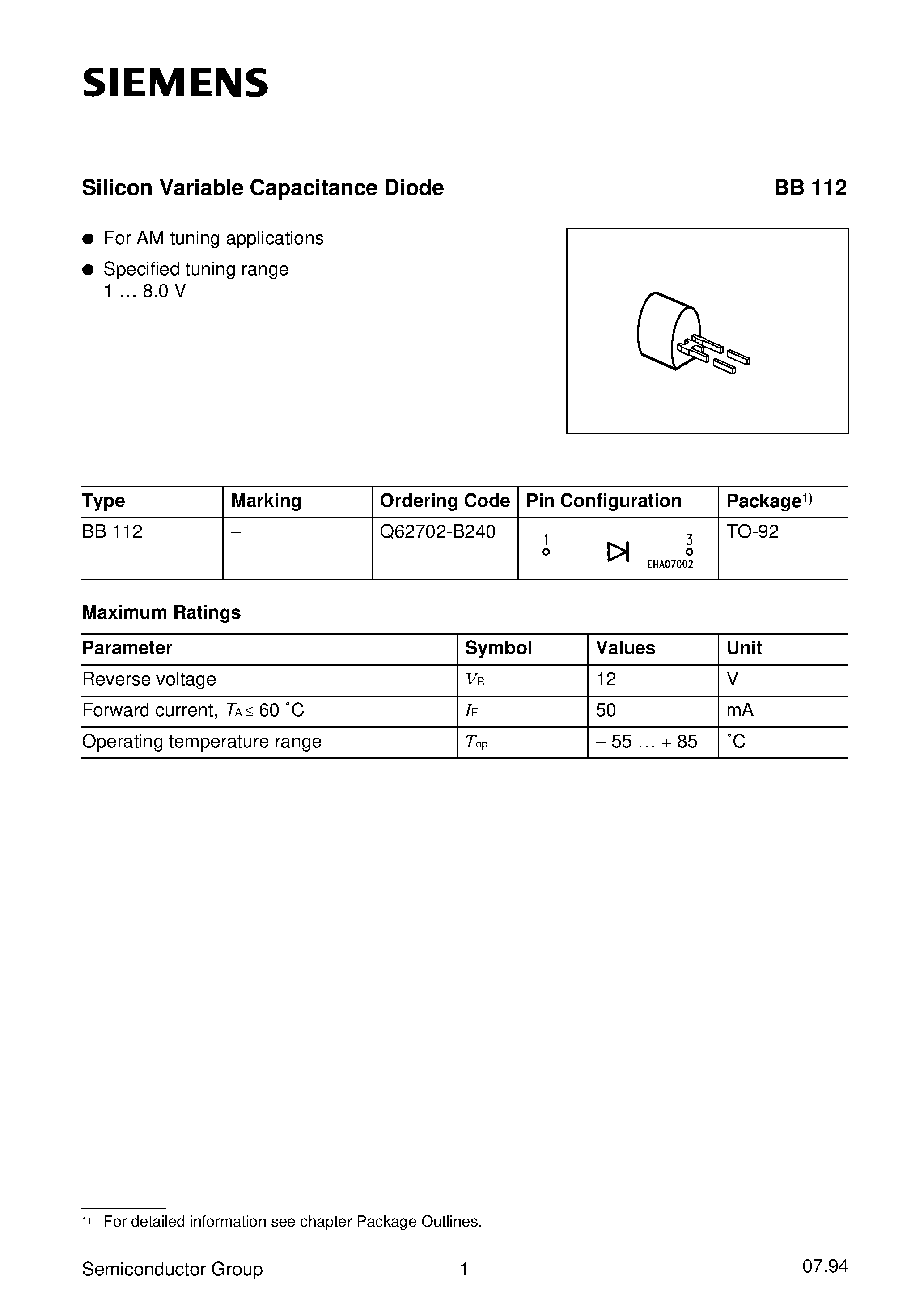 Даташит Q62702-B240 - Silicon Variable Capacitance Diode (For AM tuning applications Specified tuning range 1 8.0 V) страница 1