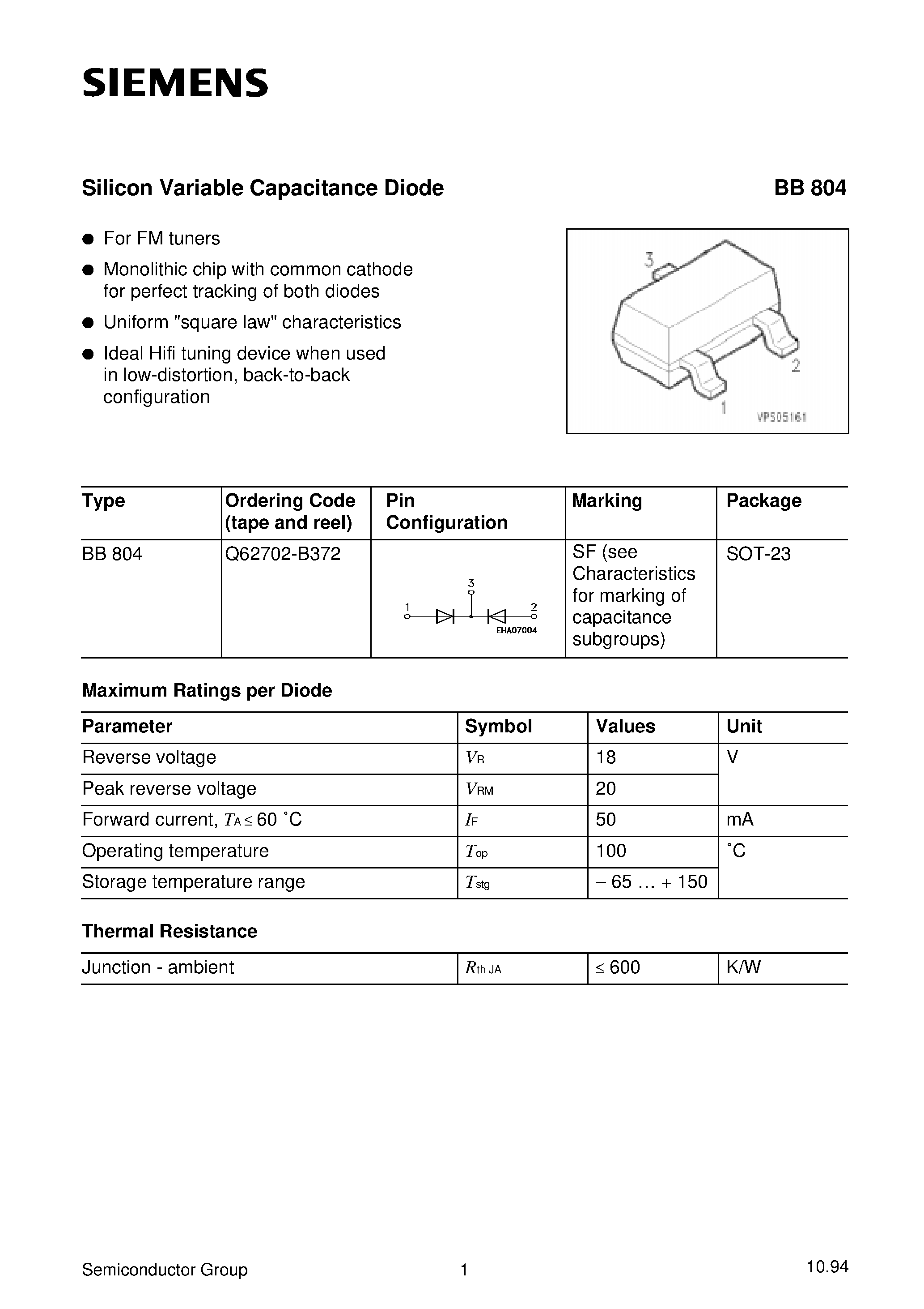 Даташит Q62702-B372 - Silicon Variable Capacitance Diode (For FM tuners Monolithic chip with common cathode for perfect tracking of both diodes) страница 1
