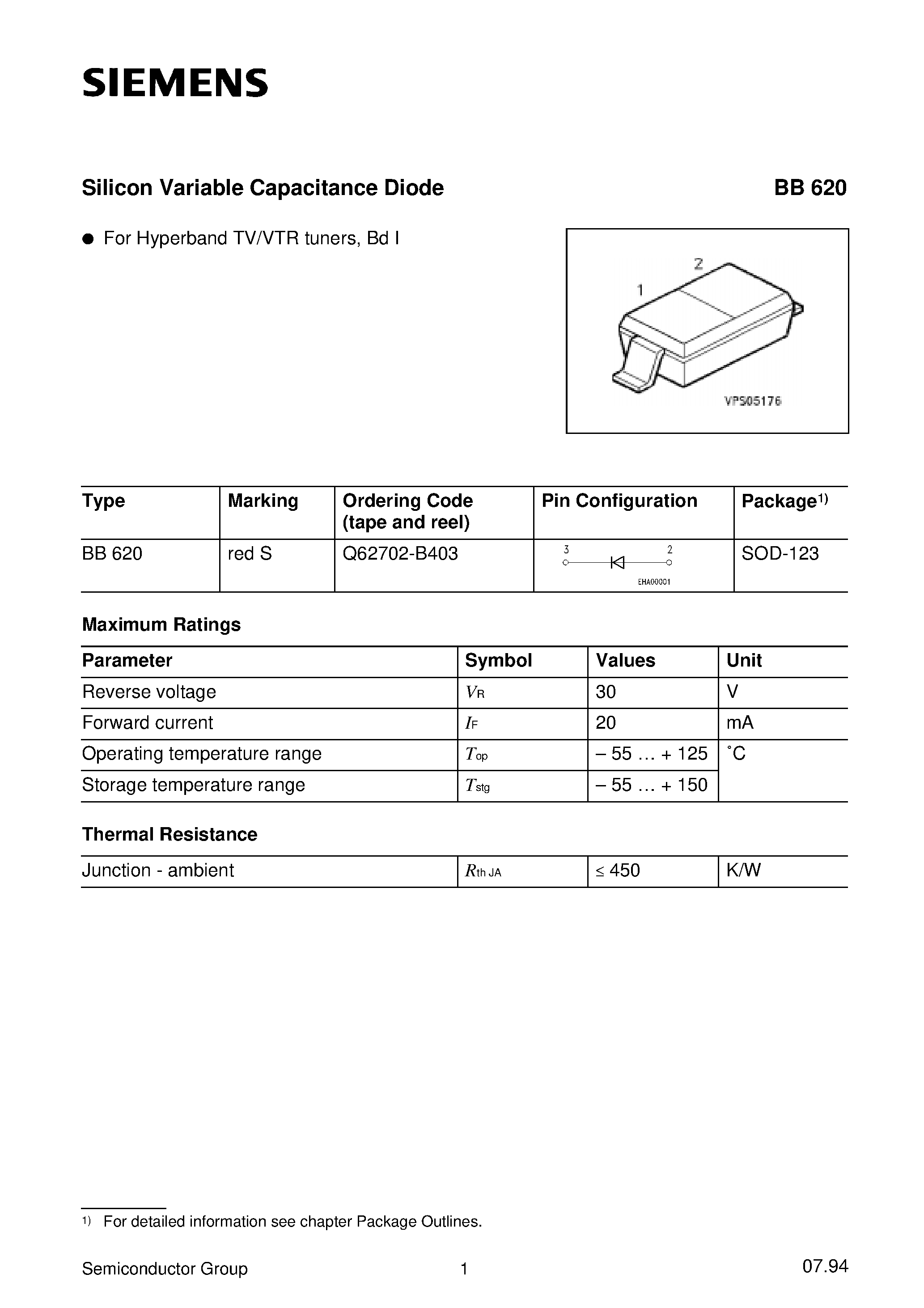 Даташит Q62702-B403 - Silicon Variable Capacitance Diode (For Hyperband TV/VTR tuners/ Bd I) страница 1