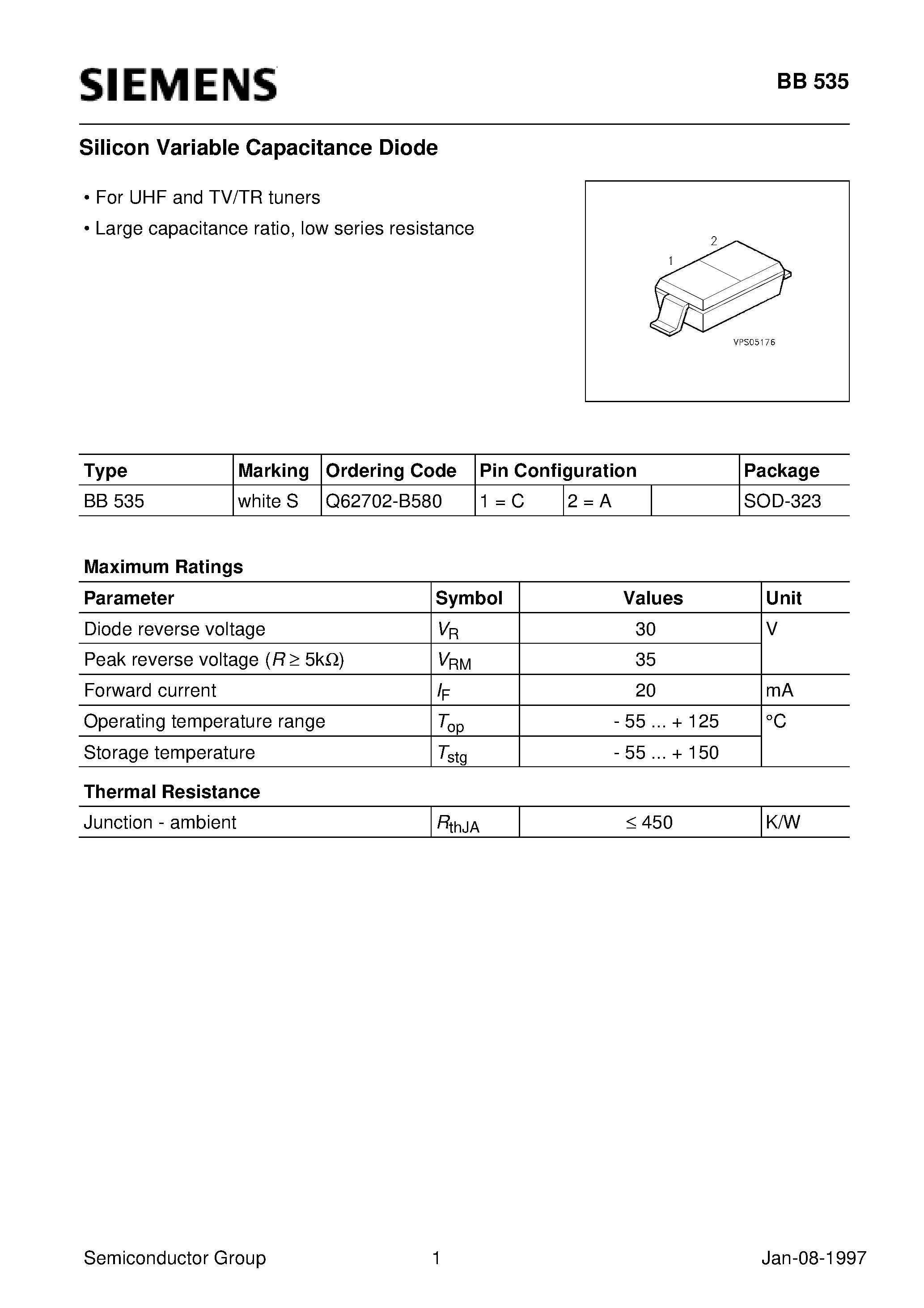 Datasheet Q62702-B580 - Silicon Variable Capacitance Diode (For UHF and TV/TR tuners Large capacitance ratio/ low series resistance) page 1