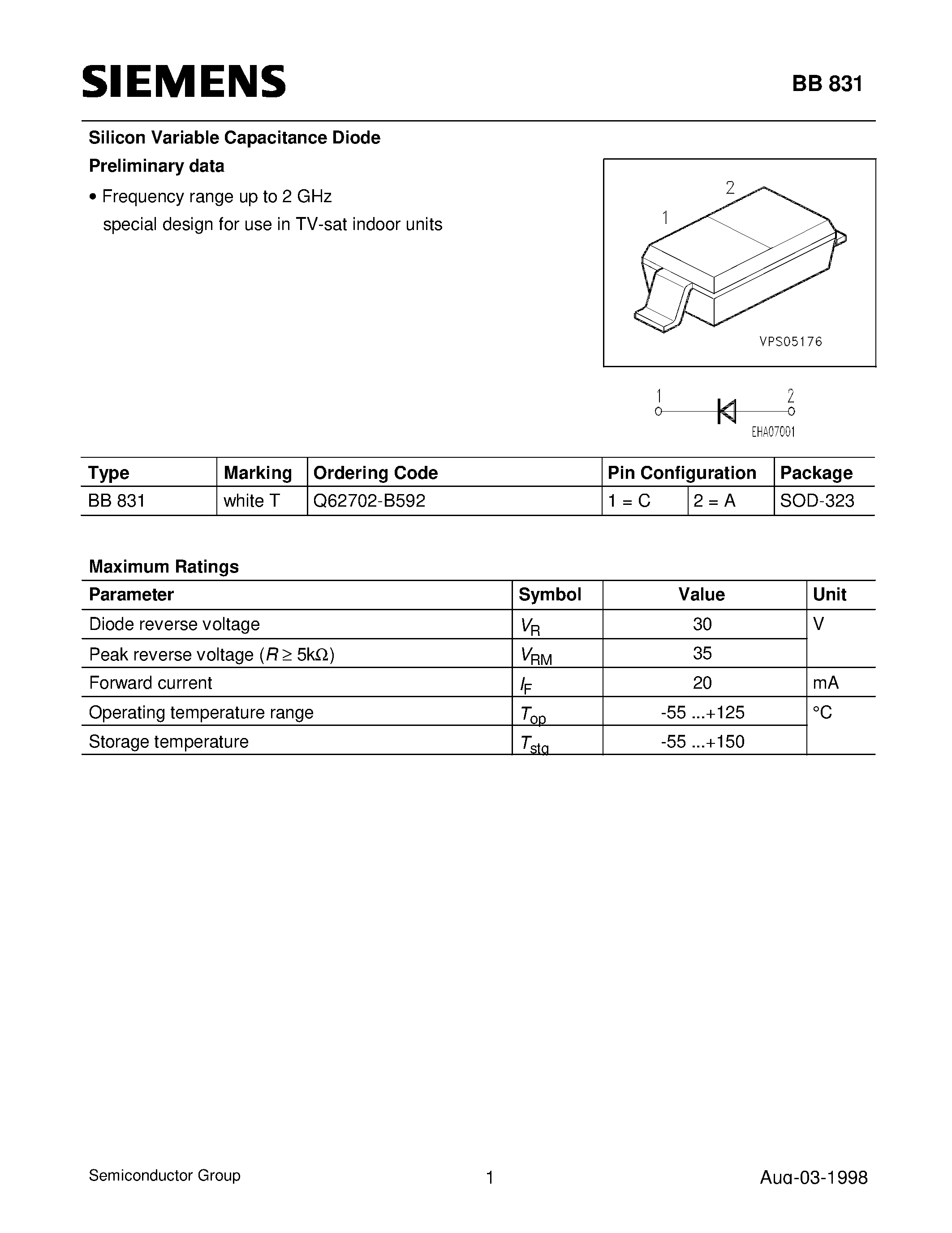 Datasheet Q62702-B592 - Silicon Variable Capacitance Diode (Frequency range up to 2 GHz special design for use in TV-sat indoor units) page 1