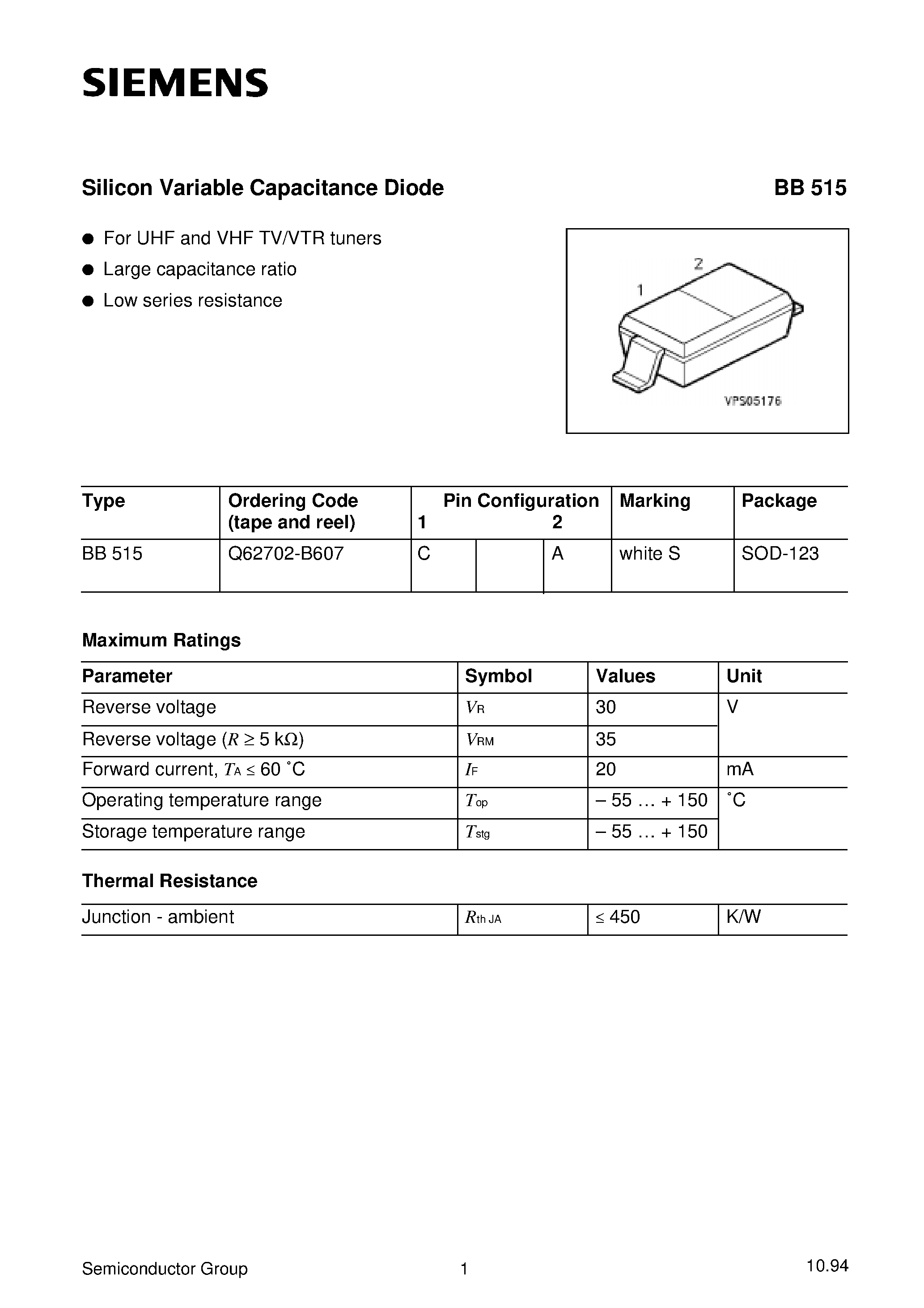 Datasheet Q62702-B607 - Silicon Variable Capacitance Diode (For UHF and VHF TV/VTR tuners Large capacitance ratio Low series resistance) page 1