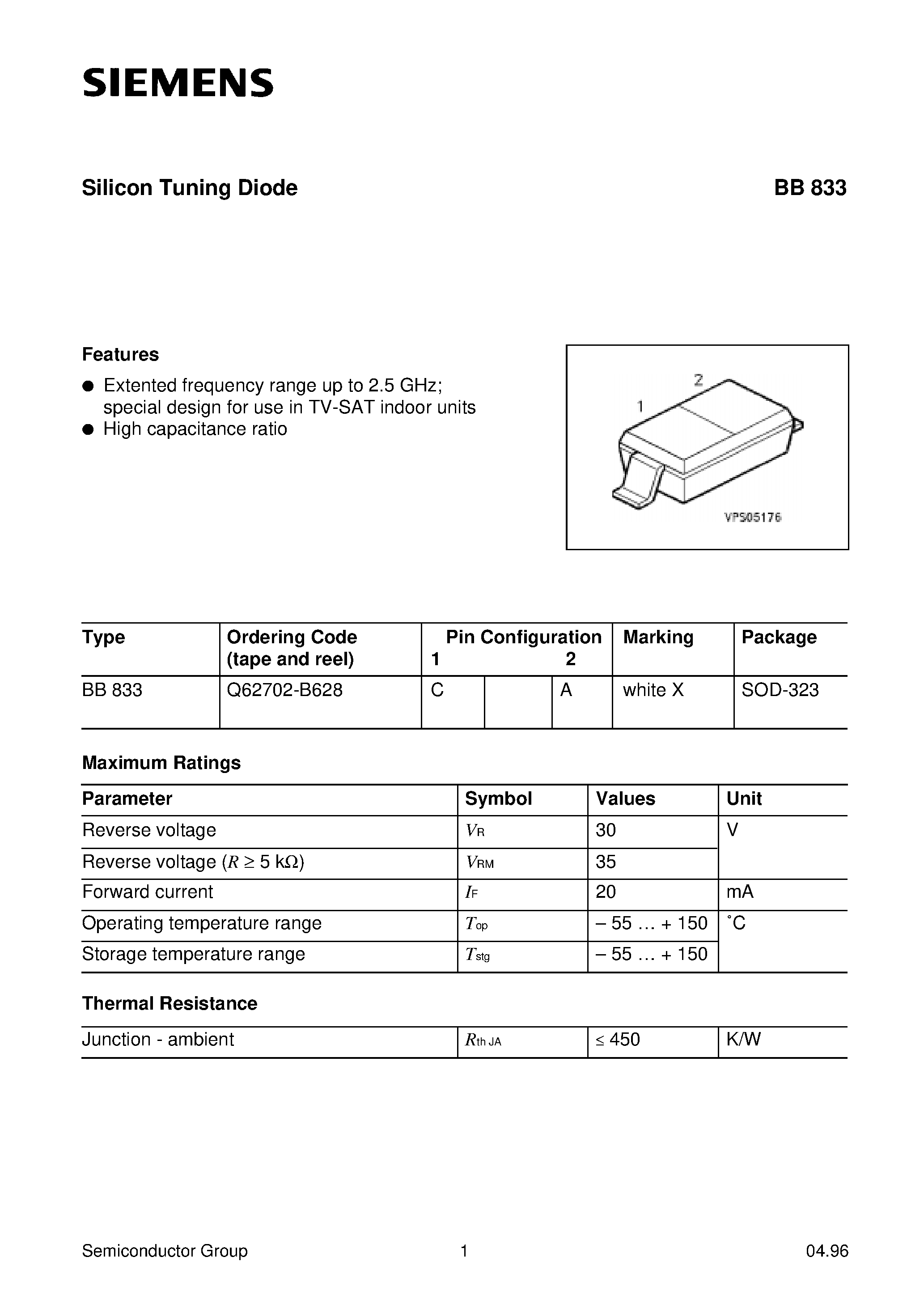 Datasheet Q62702-B628 page 1 Datasheet Q62702-B628 - Silicon Tuning Diode (Extented frequency range up to 2.5 GHz; special design for use in TV-SAT indoor units) page 1