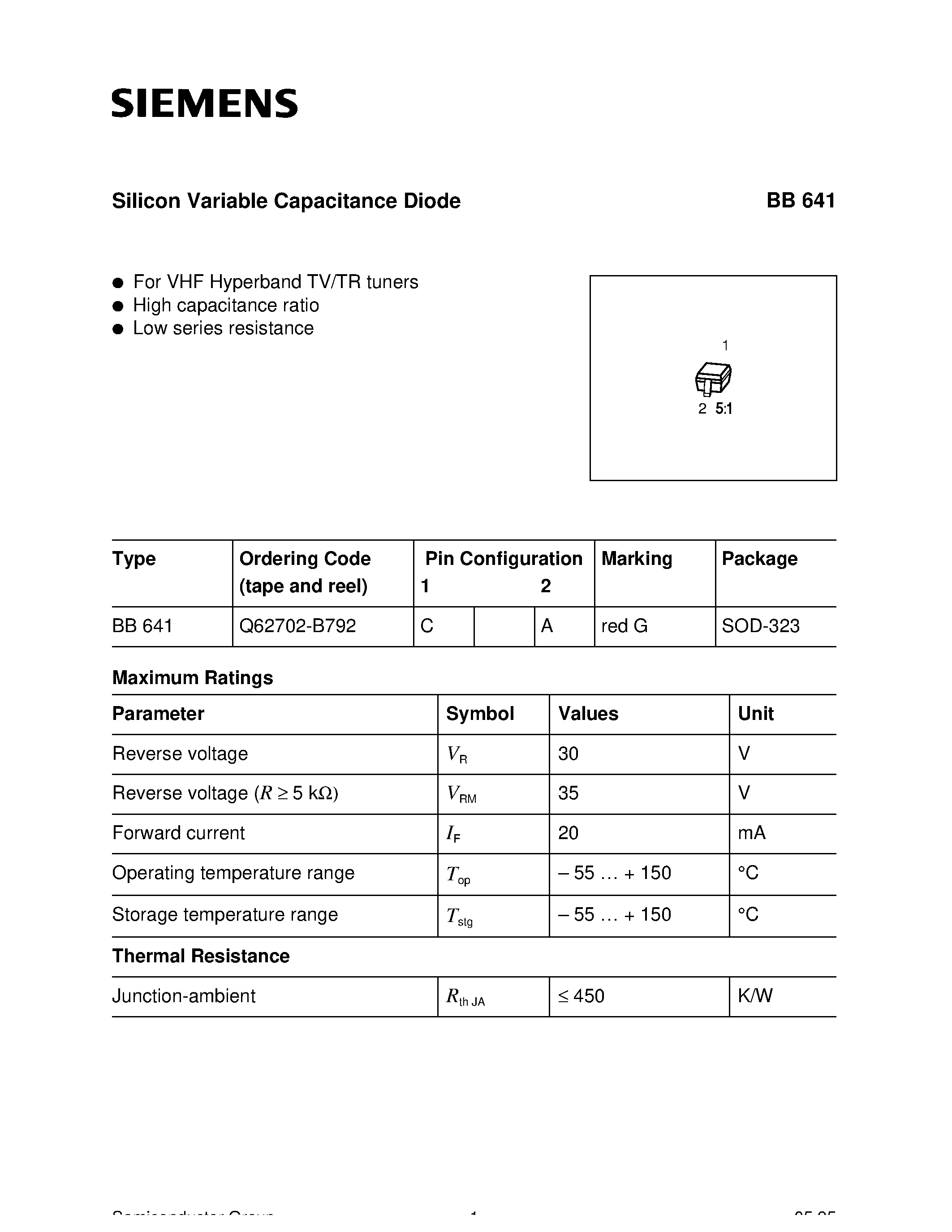 Datasheet Q62702-B792 - Silicon Variable Capacitance Diode (For VHF Hyperband TV/TR tuners High capacitance ratio Low series resistance) page 1