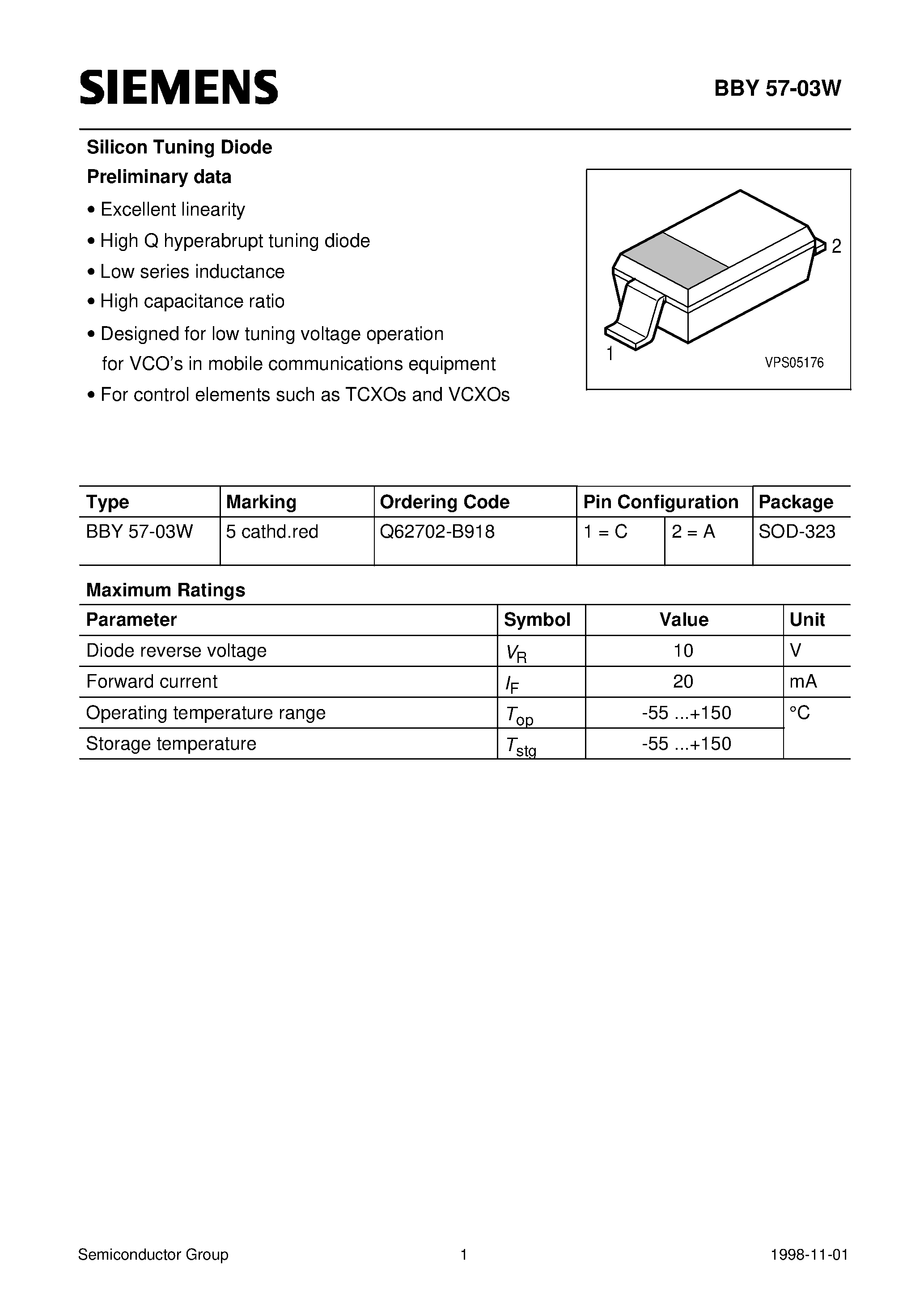 Даташит на микросхему Q62702-B918 страница 1 Даташит Q62702-B918 - Silicon Tuning Diode (Excellent linearity High Q hyperabrupt tuning diode Low series inductance) страница 1