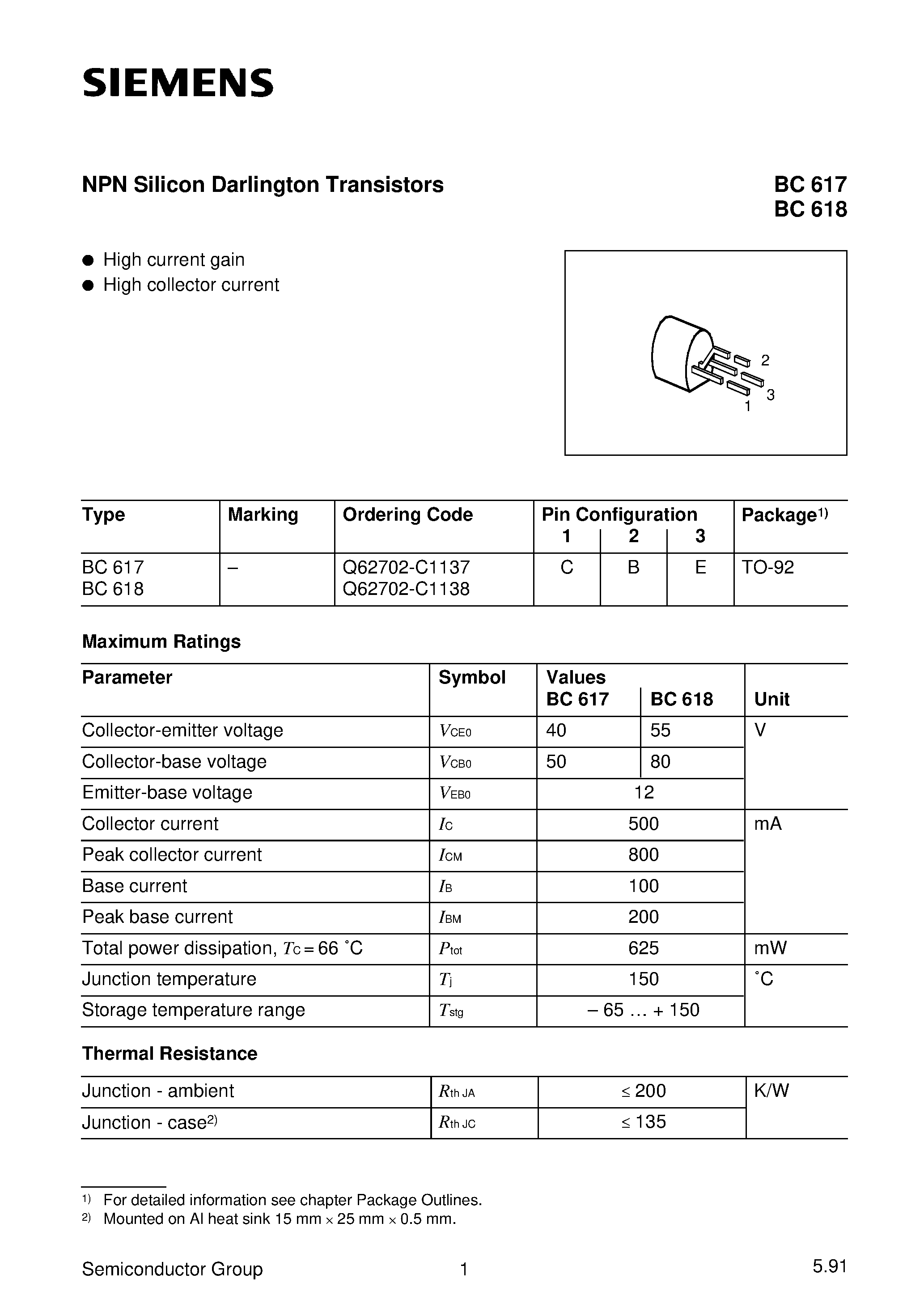 Datasheet Q62702-C1138 - NPN Silicon Darlington Transistors (High current gain High collector current) page 1