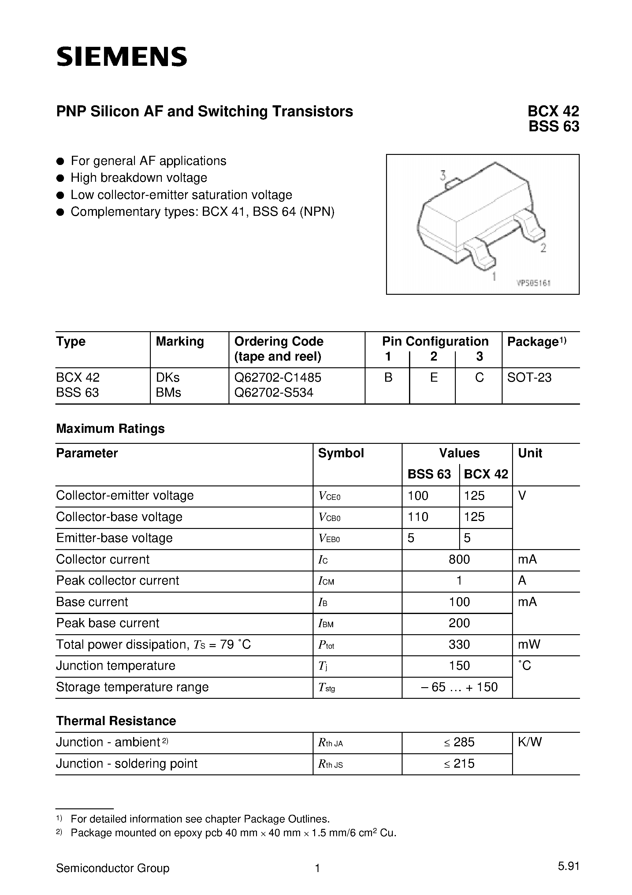 Datasheet Q62702-C1485 - PNP Silicon AF and Switching Transistors (For general AF applications High breakdown voltage) page 1