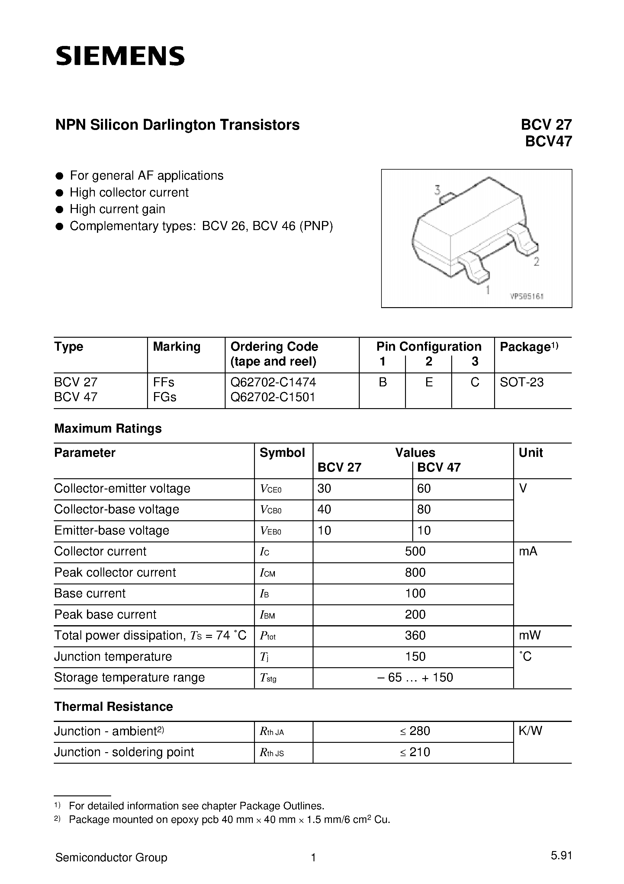 Datasheet Q62702-C1501 - NPN Silicon Darlington Transistors (For general AF applications High collector current) page 1