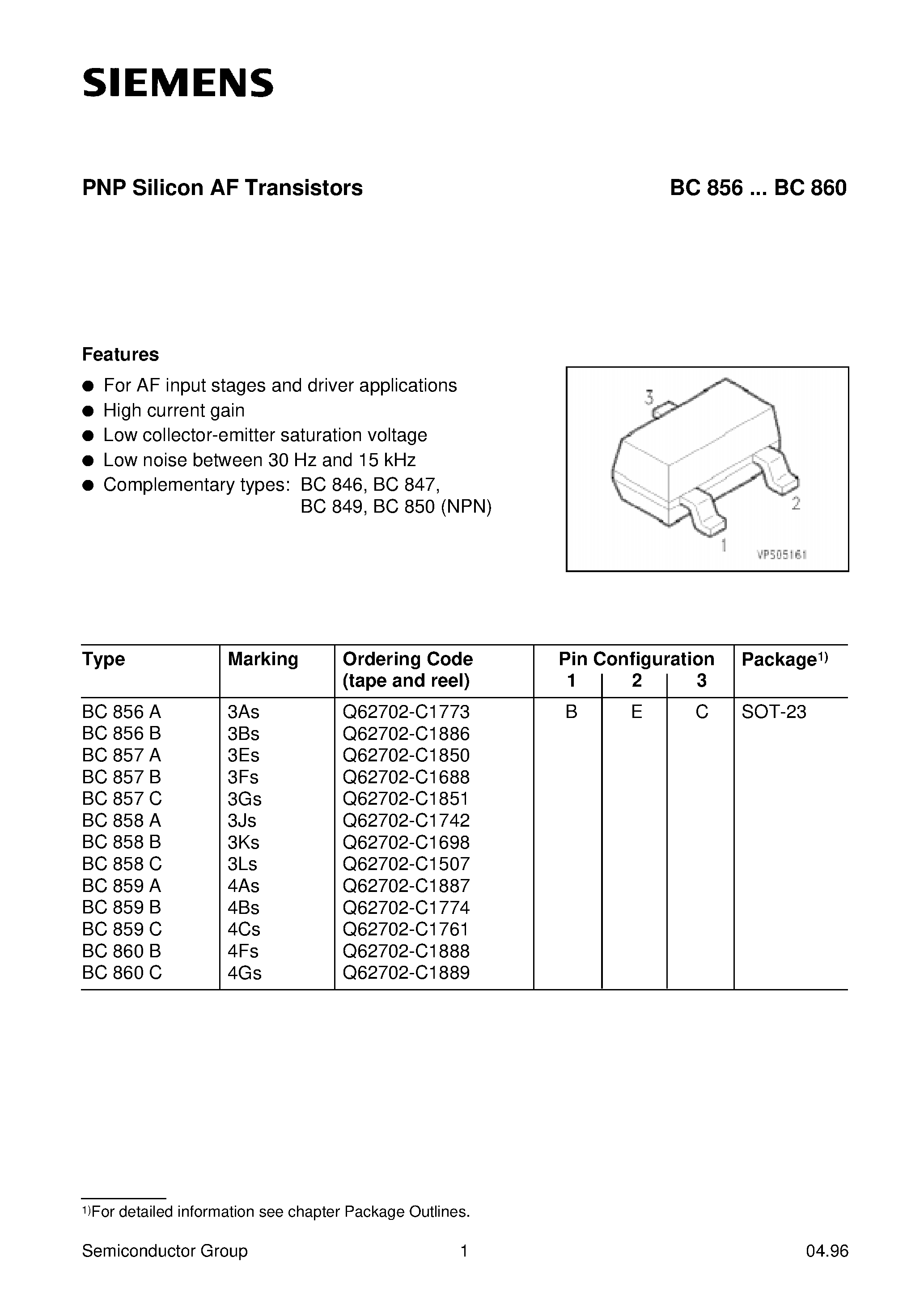 Datasheet Q62702-C1507 page 1 Datasheet Q62702-C1507 - PNP Silicon AF Transistors (For AF input stages and driver applications High current gain Low collector-emitter saturation voltage) page 1