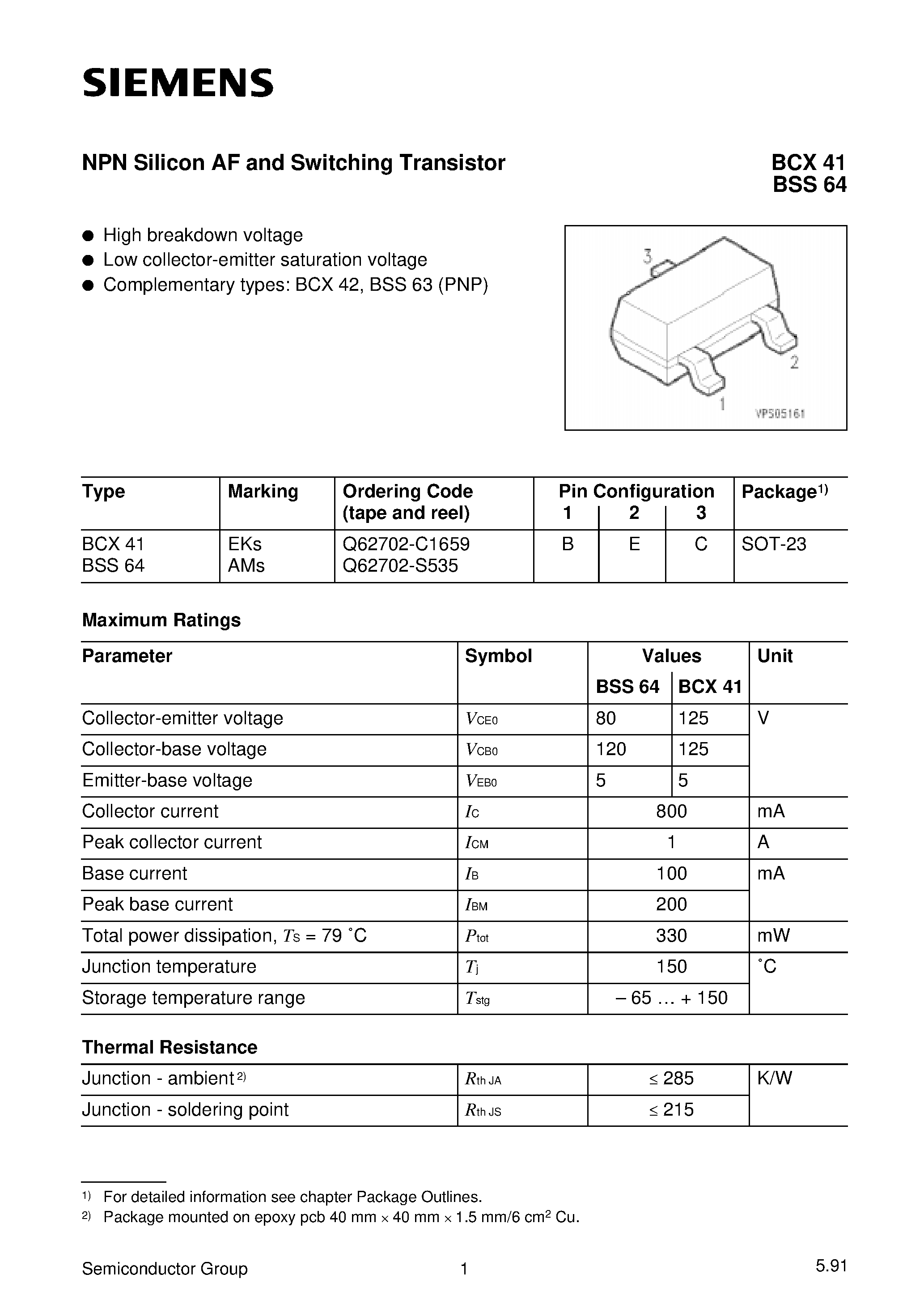 Datasheet Q62702-C1659 page 1 Datasheet Q62702-C1659 - NPN Silicon AF and Switching Transistor (High breakdown voltage Low collector-emitter saturation voltage) page 1