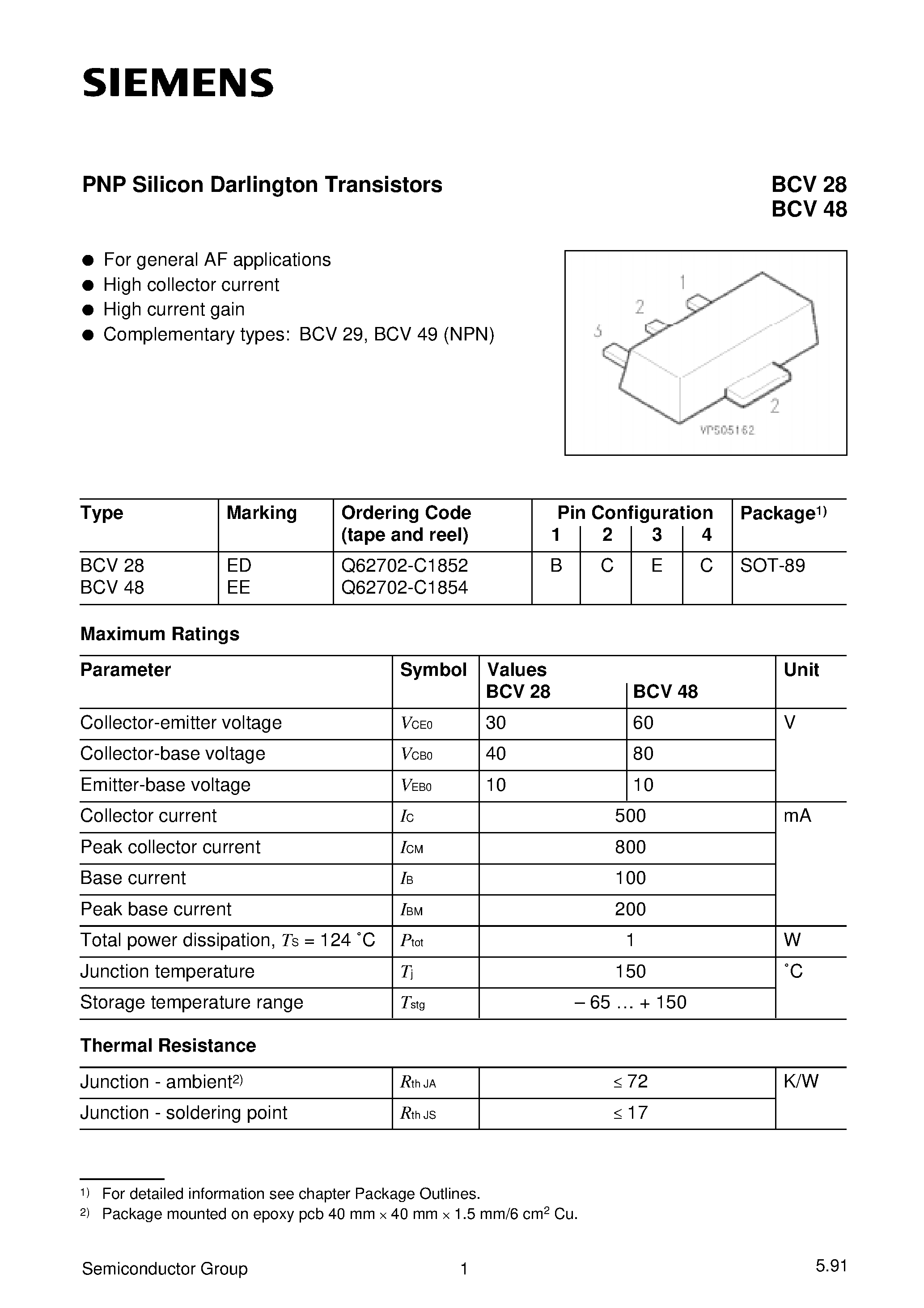 Даташит на микросхему Q62702-C1854 страница 1 Даташит Q62702-C1854 - PNP Silicon Darlington Transistors (For general AF applications High collector current) страница 1