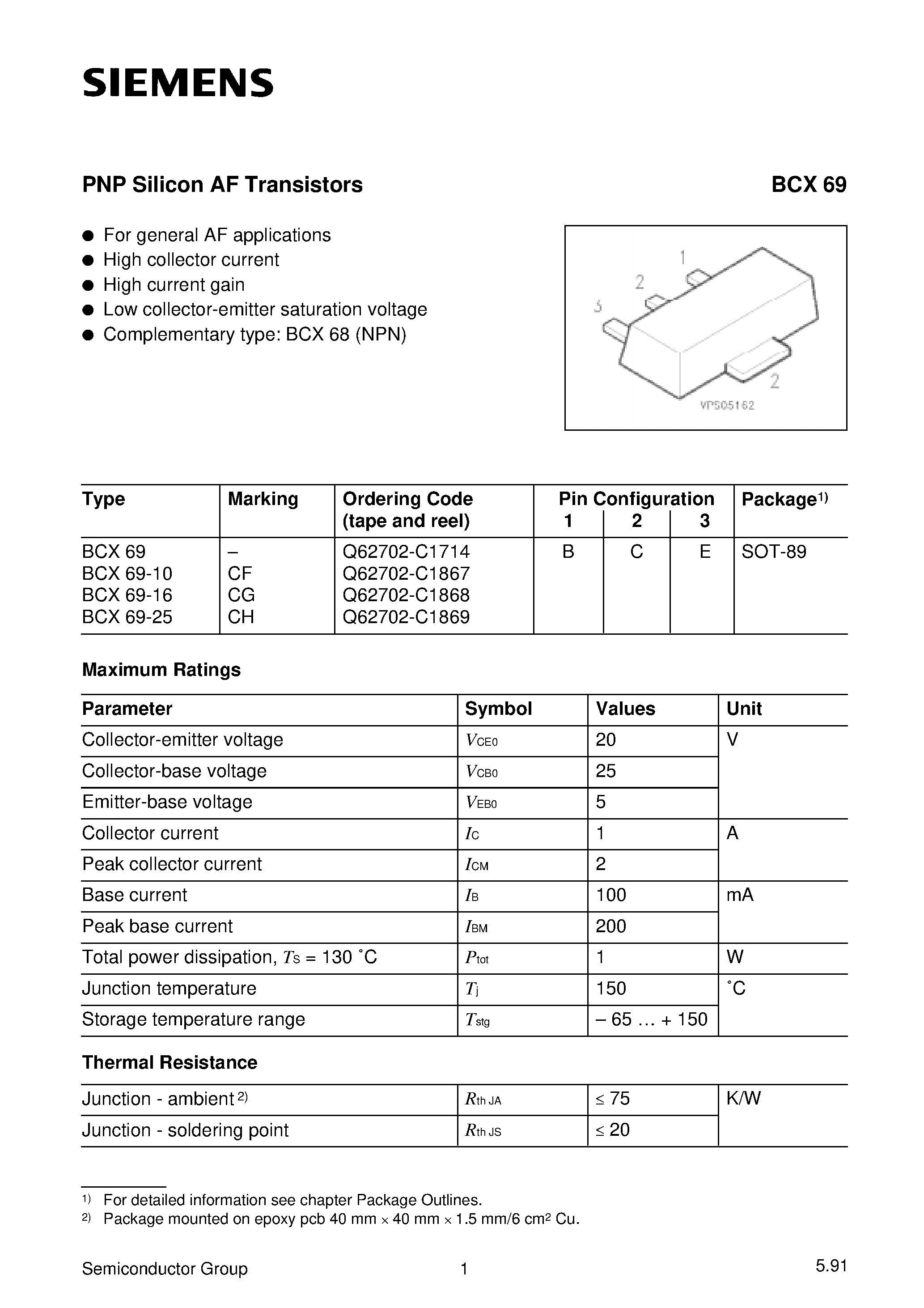 Datasheet Q62702-C1869 - PNP Silicon AF Transistors (For general AF applications High collector current) page 1
