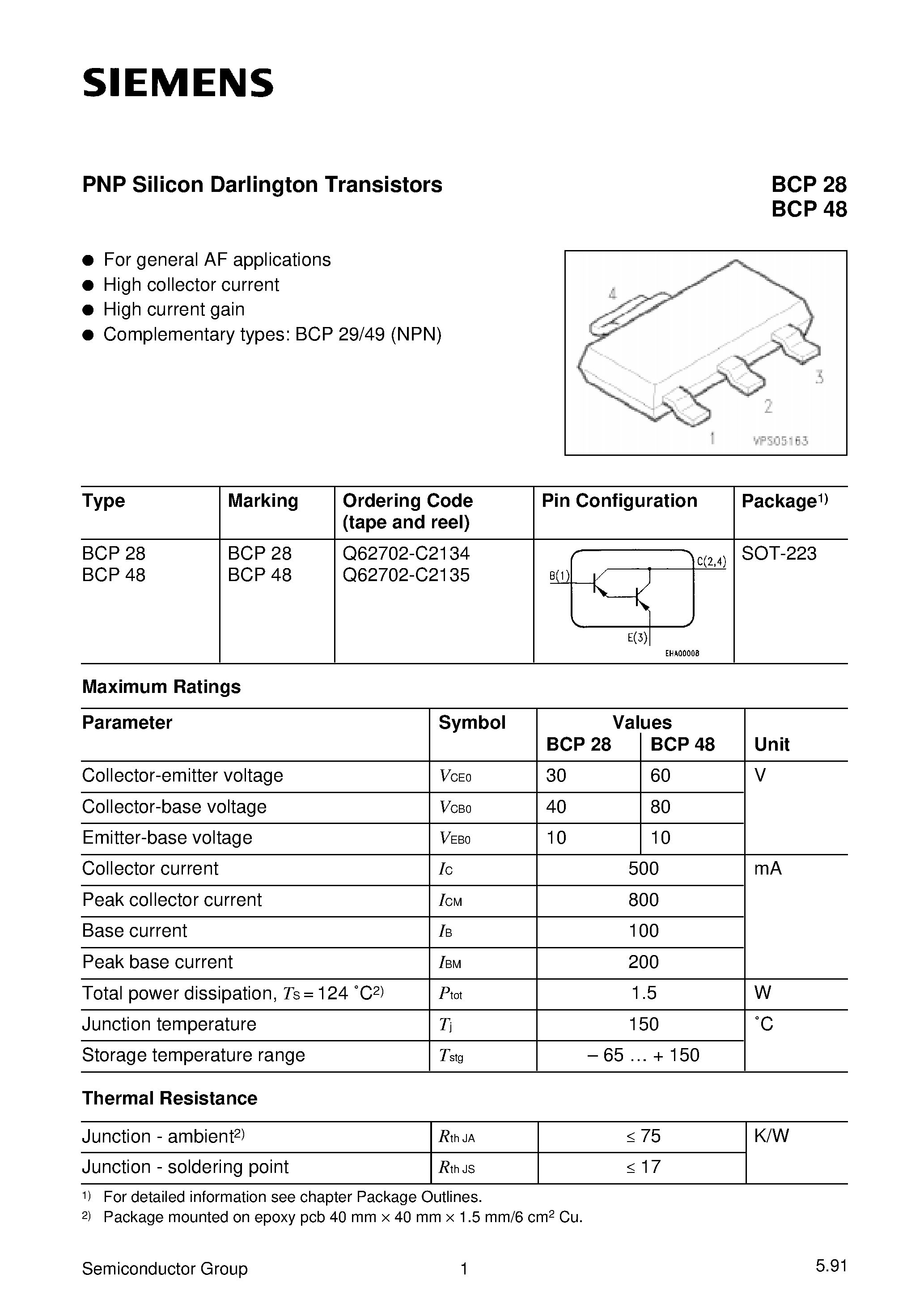 Datasheet Q62702-C2135 - PNP Silicon Darlington Transistors (For general AF applications High collector current High current gain) page 1