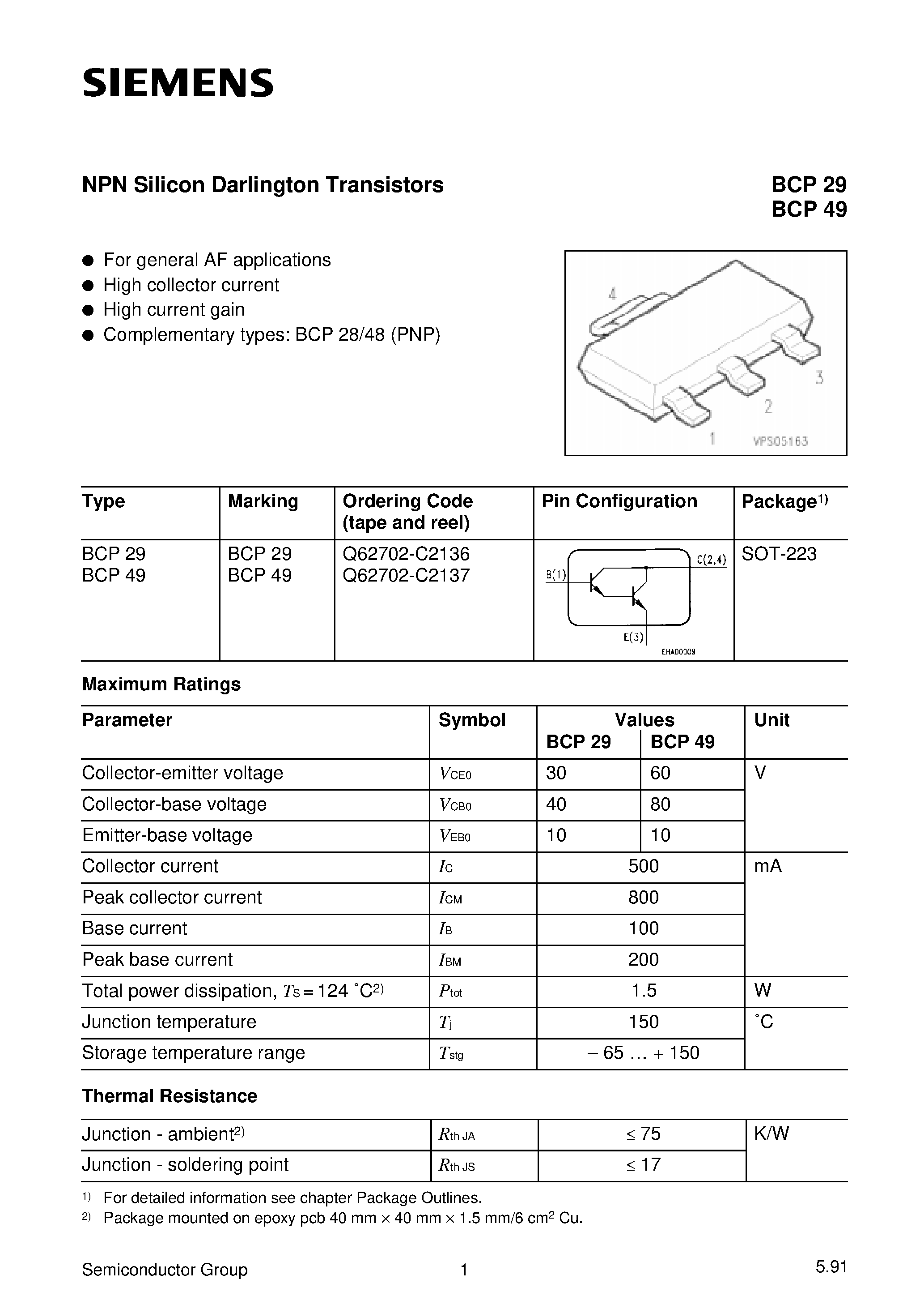 Datasheet Q62702-C2136 - NPN Silicon Darlington Transistors (For general AF applications High collector current High current gain) page 1