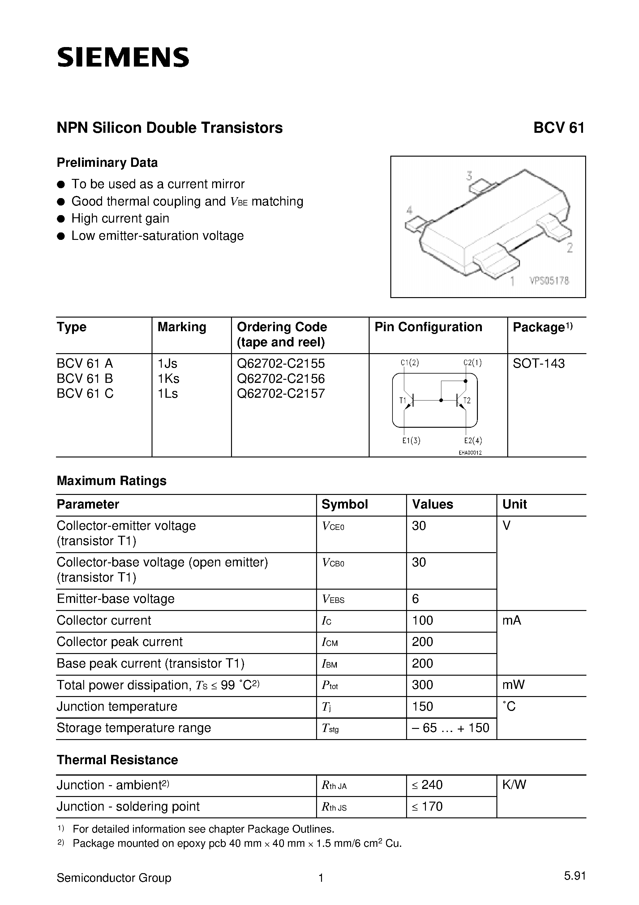 Datasheet Q62702-C2156 - NPN Silicon Double Transistors (To be used as a current mirror Good thermal coupling and VBE matching) page 1