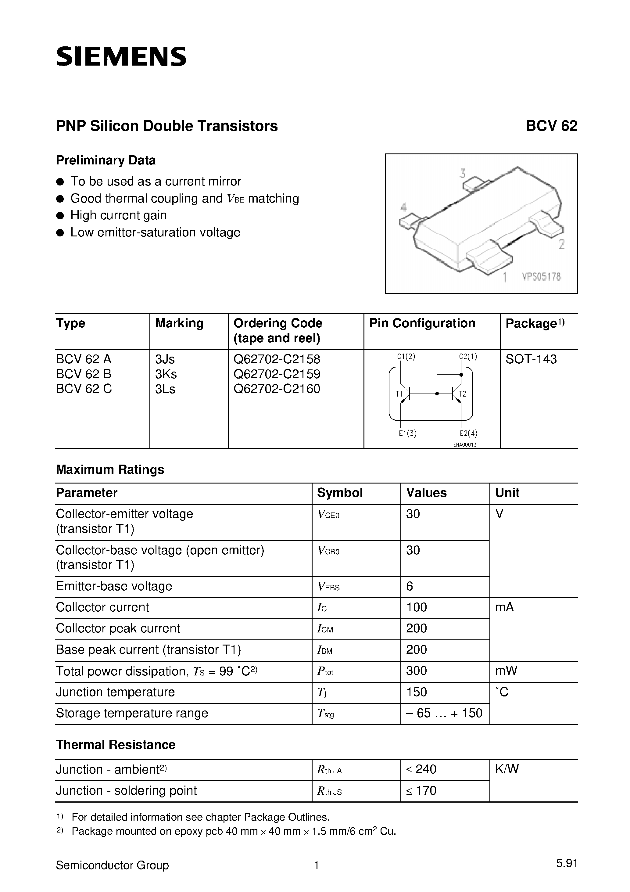 Datasheet Q62702-C2159 - PNP Silicon Double Transistors (To be used as a current mirror Good thermal coupling and VBE matching) page 1