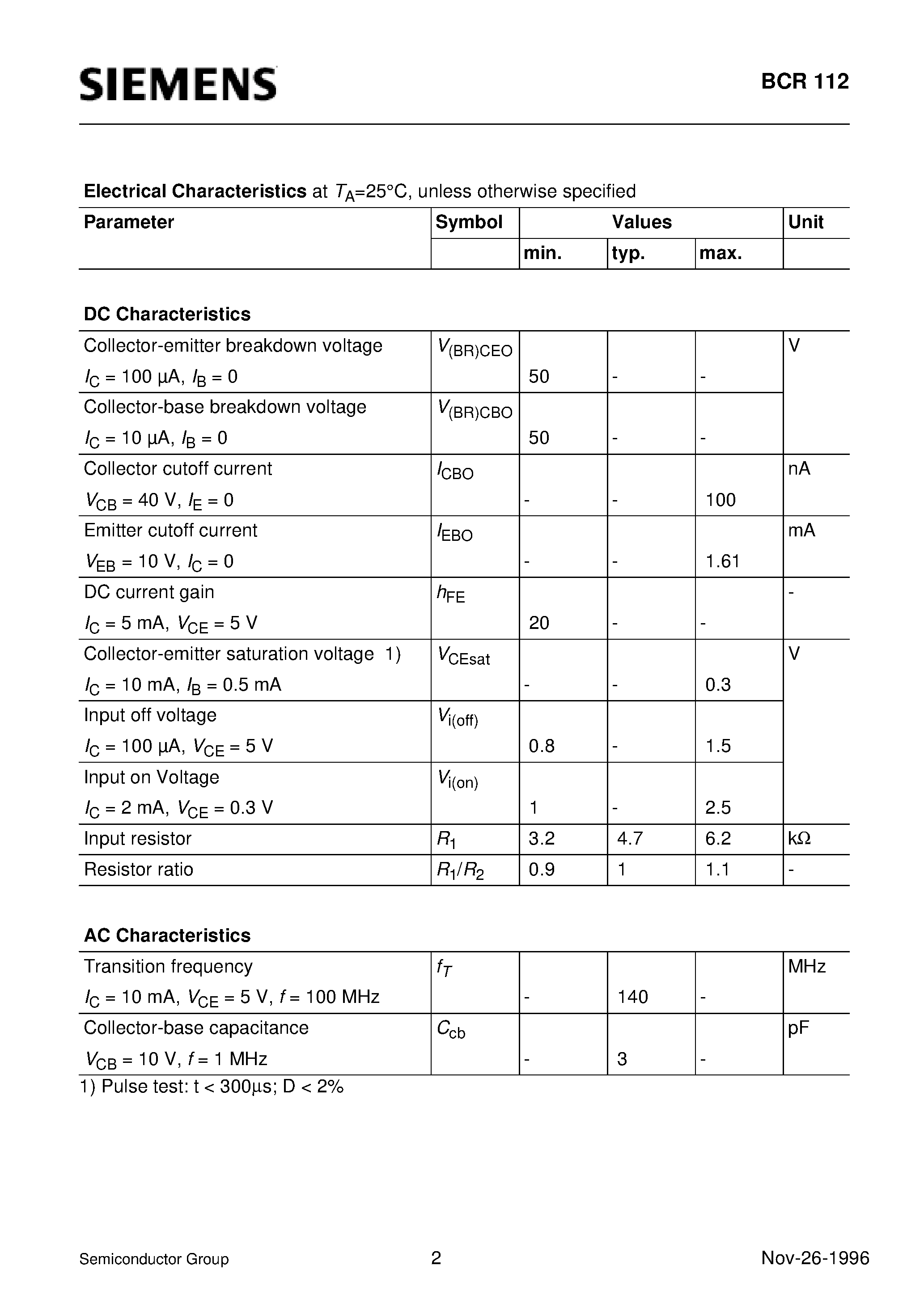 Datasheet Q62702-C2254 - NPN Silicon Digital Transistor (Switching circuit/ inverter/ inferface circuit/ driver circuit) page 2