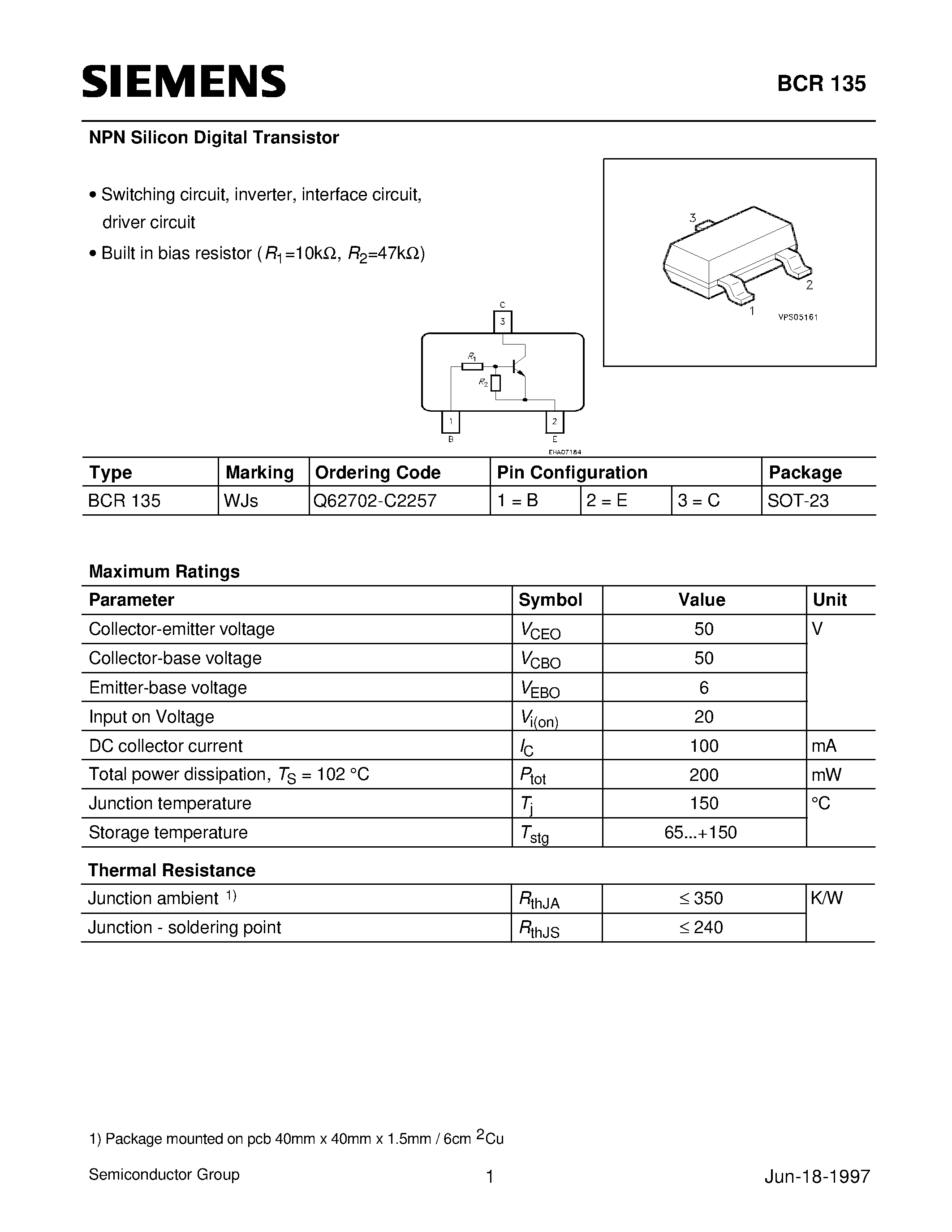 Datasheet Q62702-C2257 - NPN Silicon Digital Transistor (Switching circuit/ inverter/ interface circuit/ driver circuit) page 1