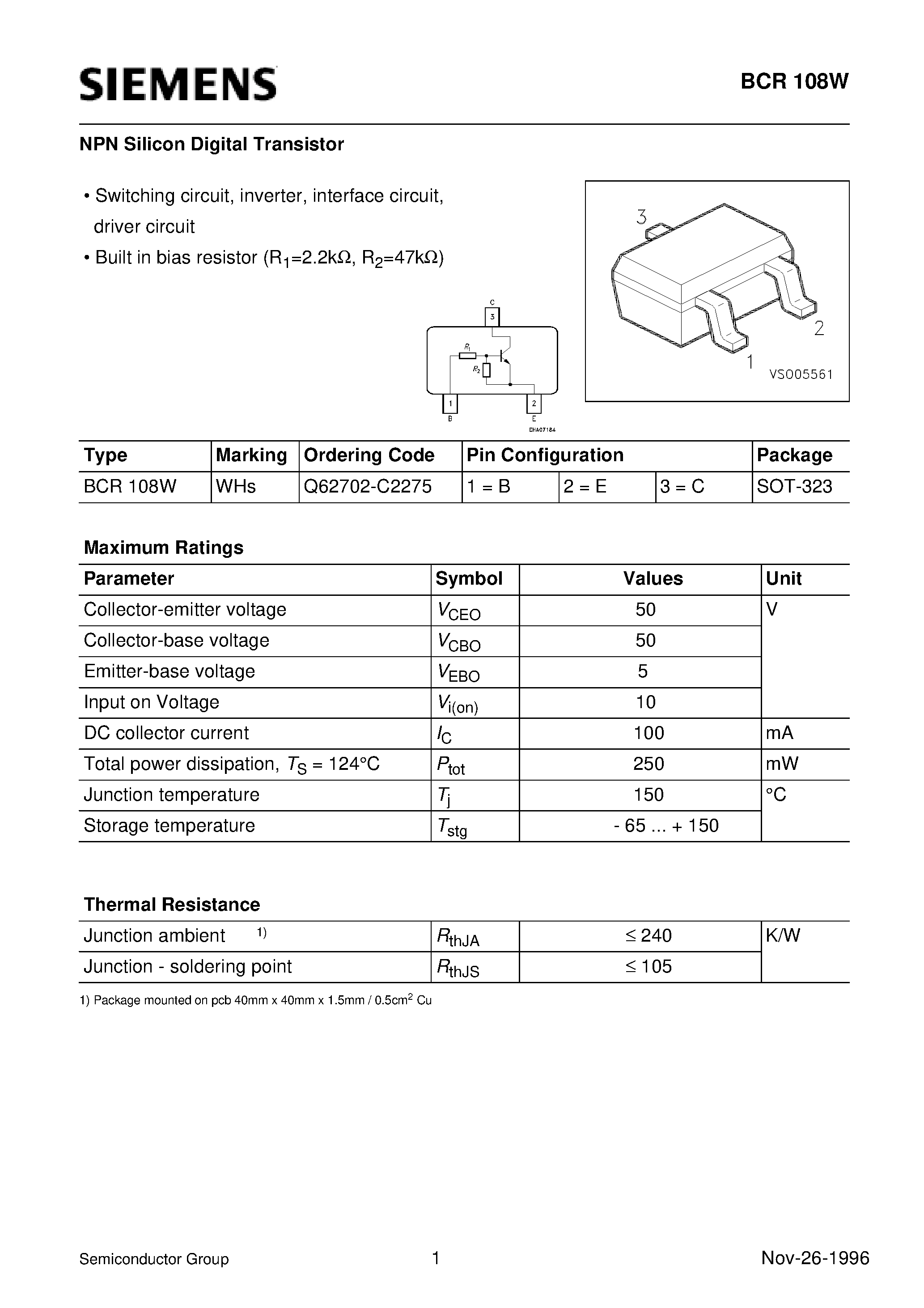 Datasheet Q62702-C2275 page 1 Datasheet Q62702-C2275 - NPN Silicon Digital Transistor (Switching circuit/ inverter/ interface circuit/ driver circuit) page 1