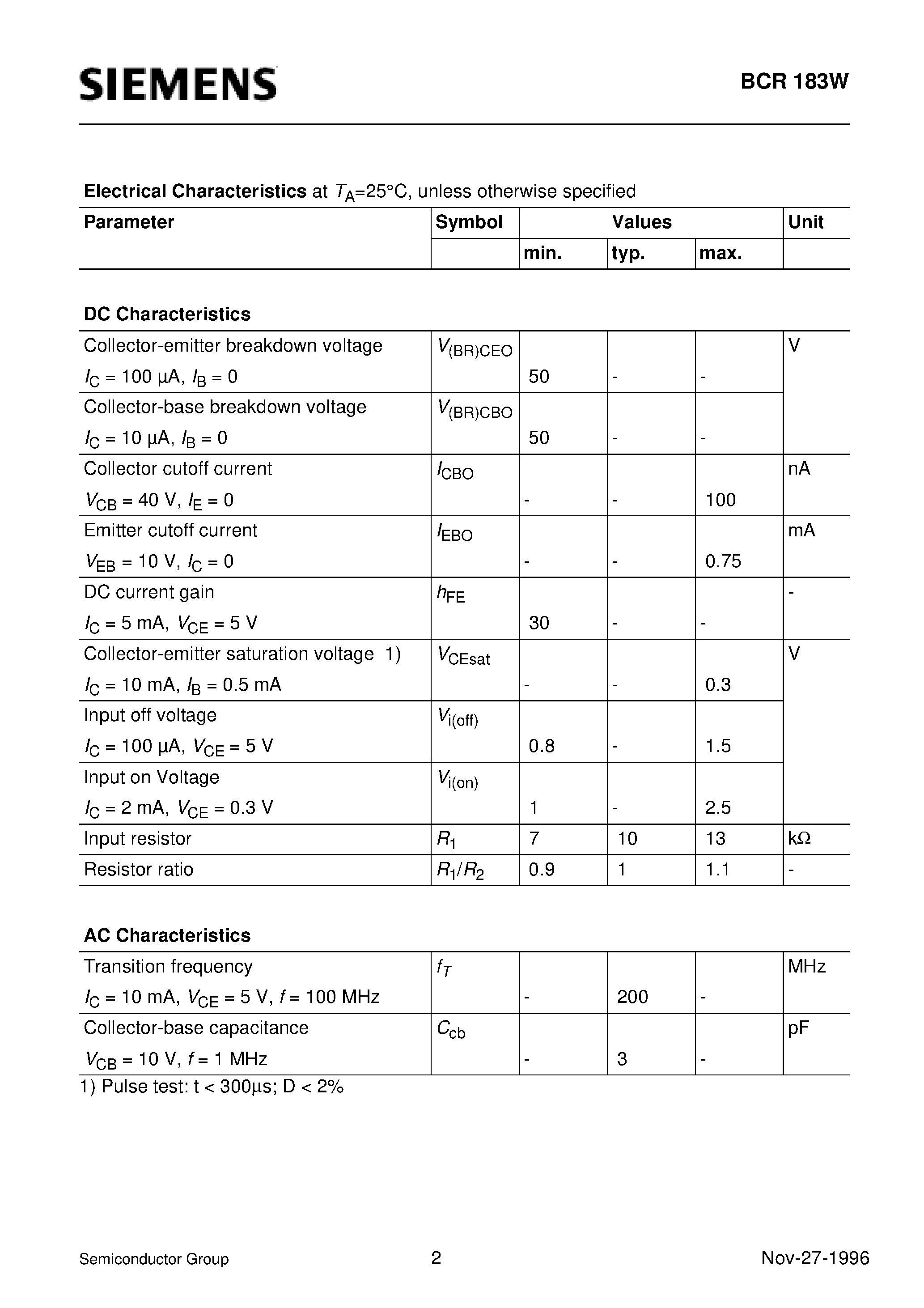 Datasheet Q62702-C2276 page 2 Datasheet Q62702-C2276 - PNP Silicon Digital Transistor (Switching circuit/ inverter/ interface circuit/ driver circuit) page 2