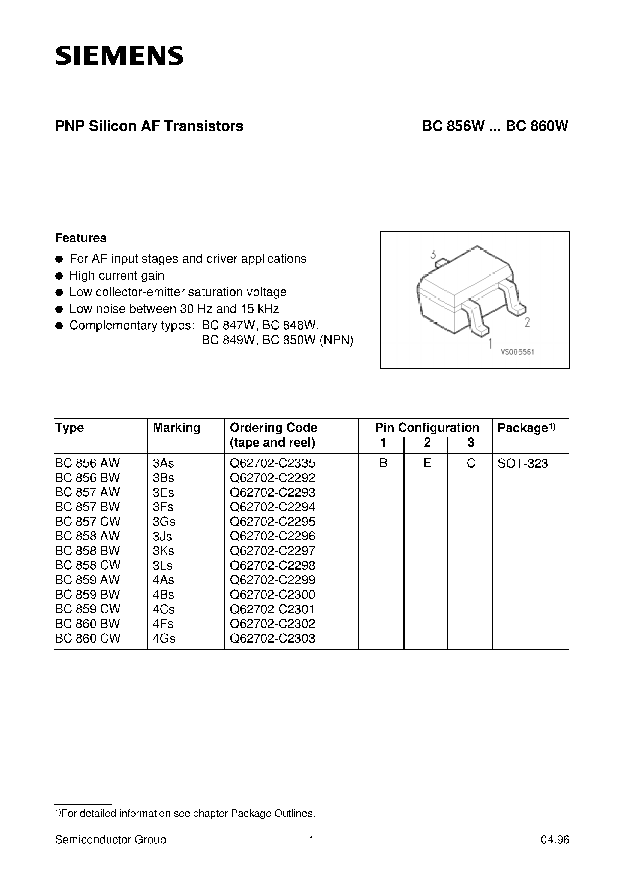 Datasheet Q62702-C2295 - PNP Silicon AF Transistors (For AF input stages and driver applications High current gain Low collector-emitter saturation voltage) page 1