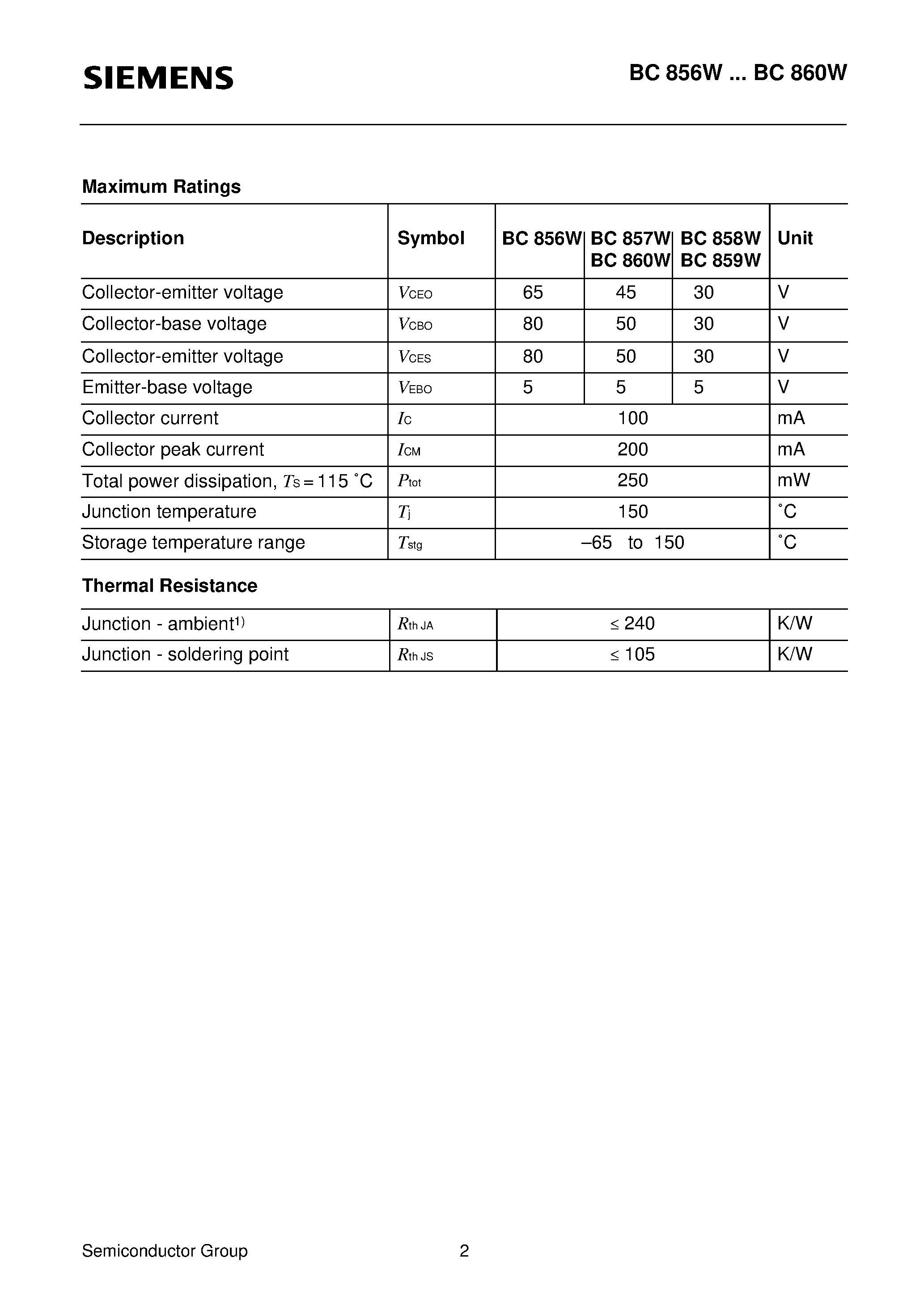 Datasheet Q62702-C2295 - PNP Silicon AF Transistors (For AF input stages and driver applications High current gain Low collector-emitter saturation voltage) page 2