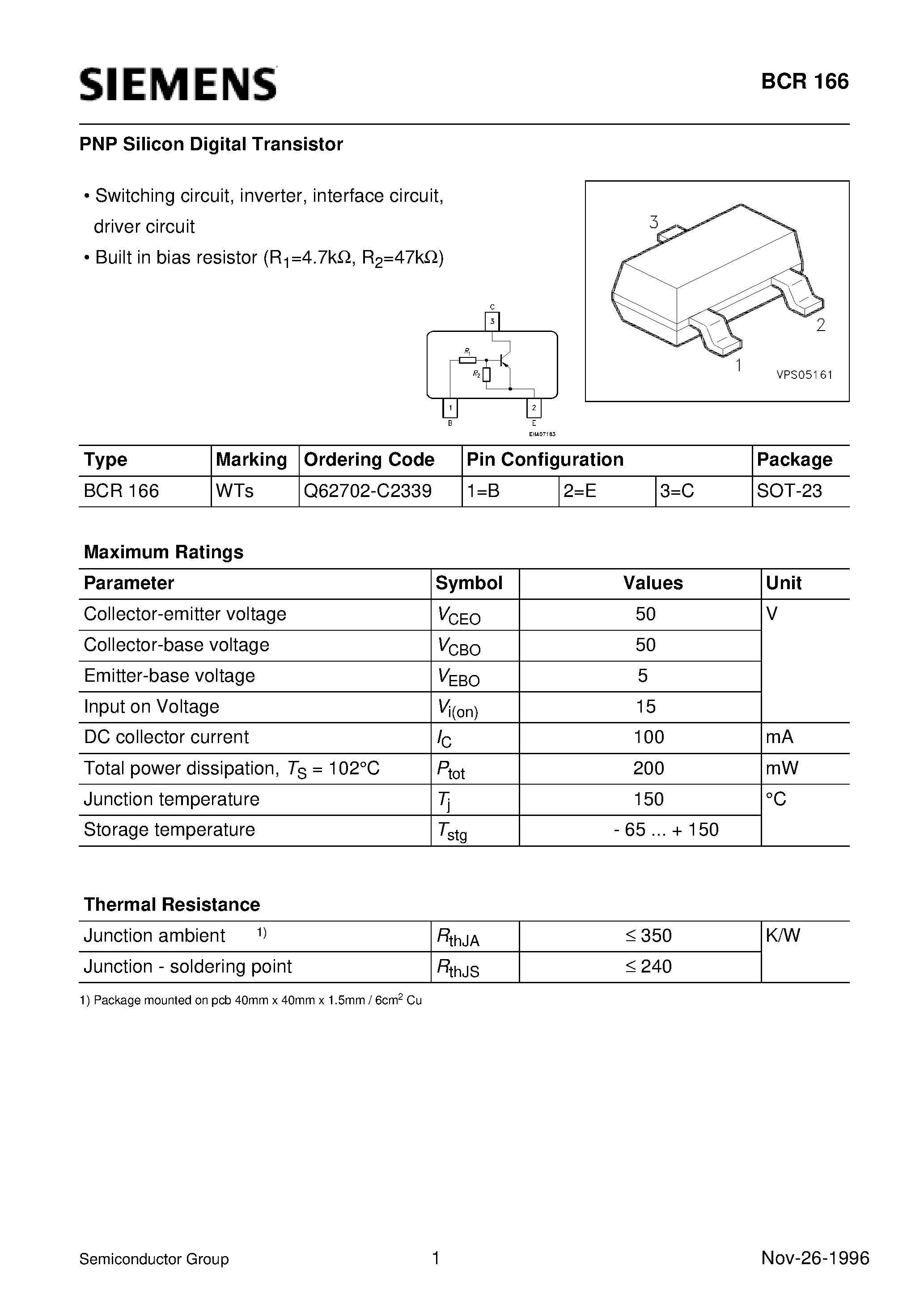 Datasheet Q62702-C2339 page 1 Datasheet Q62702-C2339 - PNP Silicon Digital Transistor (Switching circuit/ inverter/ interface circuit/ driver circuit) page 1