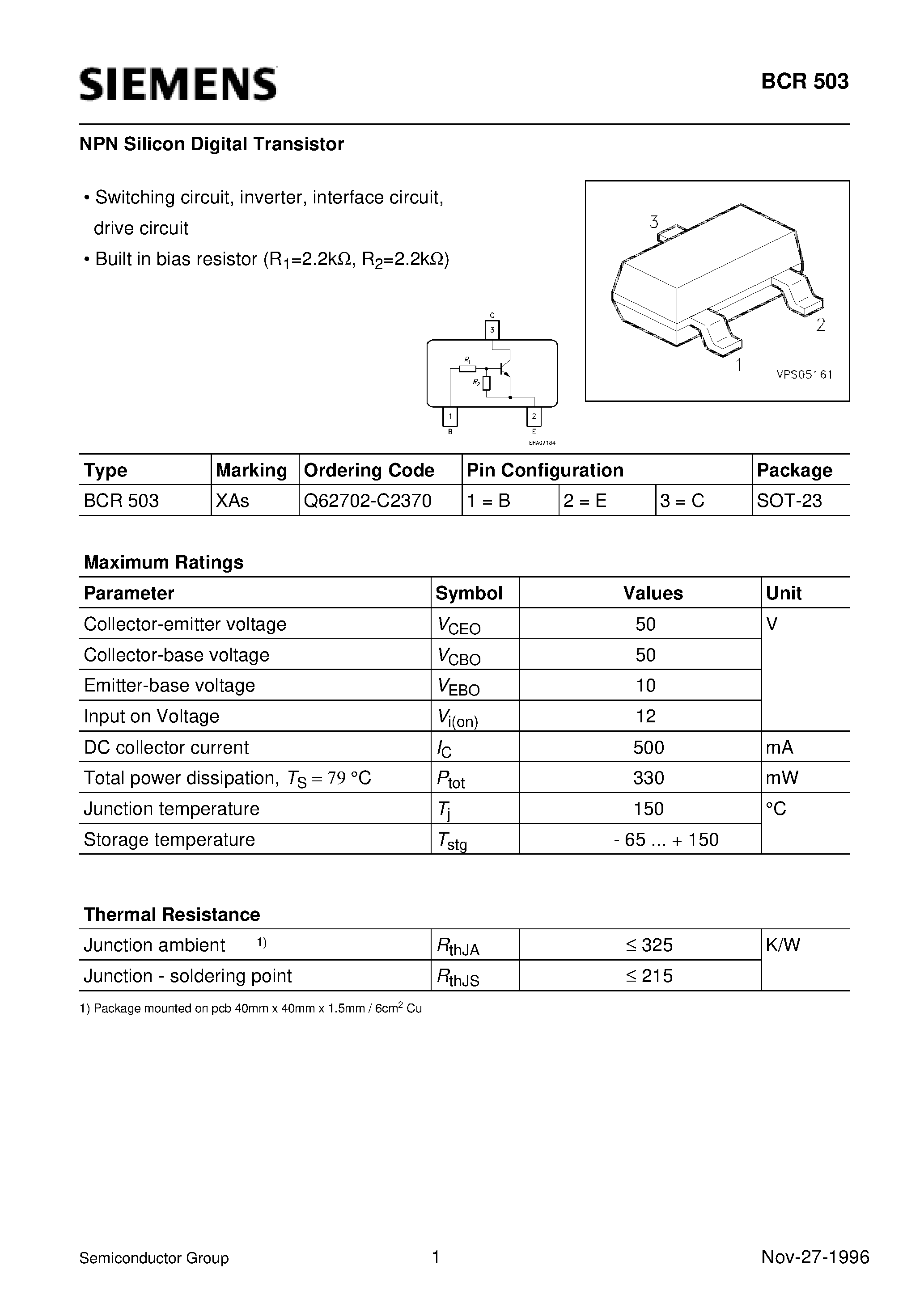 Datasheet Q62702-C2370 page 1 Datasheet Q62702-C2370 - NPN Silicon Digital Transistor (Switching circuit/ inverter/ interface circuit/ drive circuit) page 1