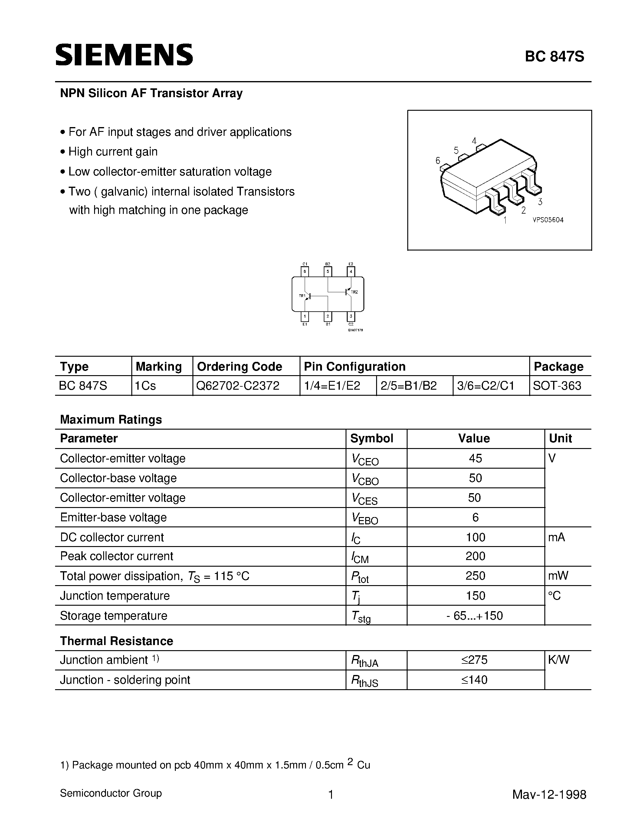 Datasheet Q62702-C2372 - NPN Silicon AF Transistor Array (For AF input stages and driver applications High current gain) page 1