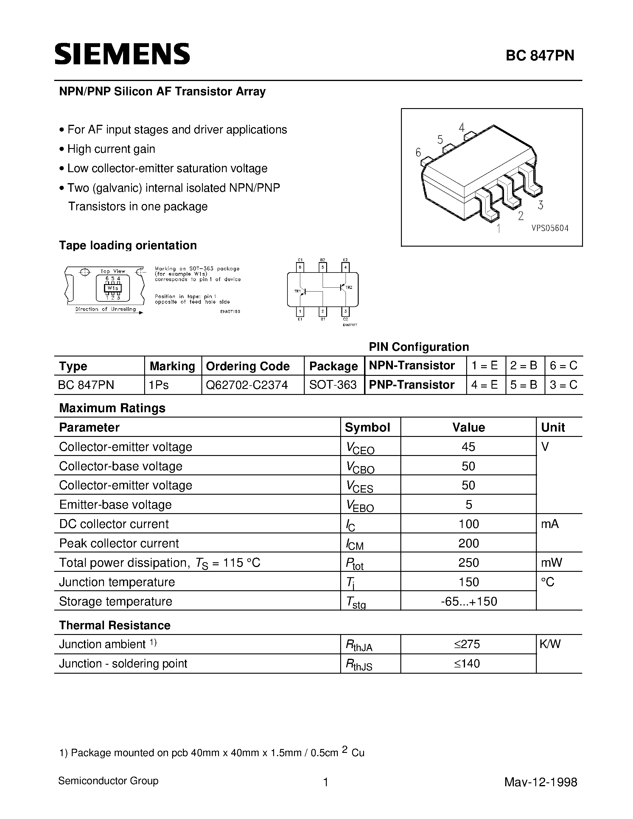 Datasheet Q62702-C2374 - NPN/PNP Silicon AF Transistor Array (For AF input stages and driver applications High current gain Low collector-emitter saturation voltage) page 1