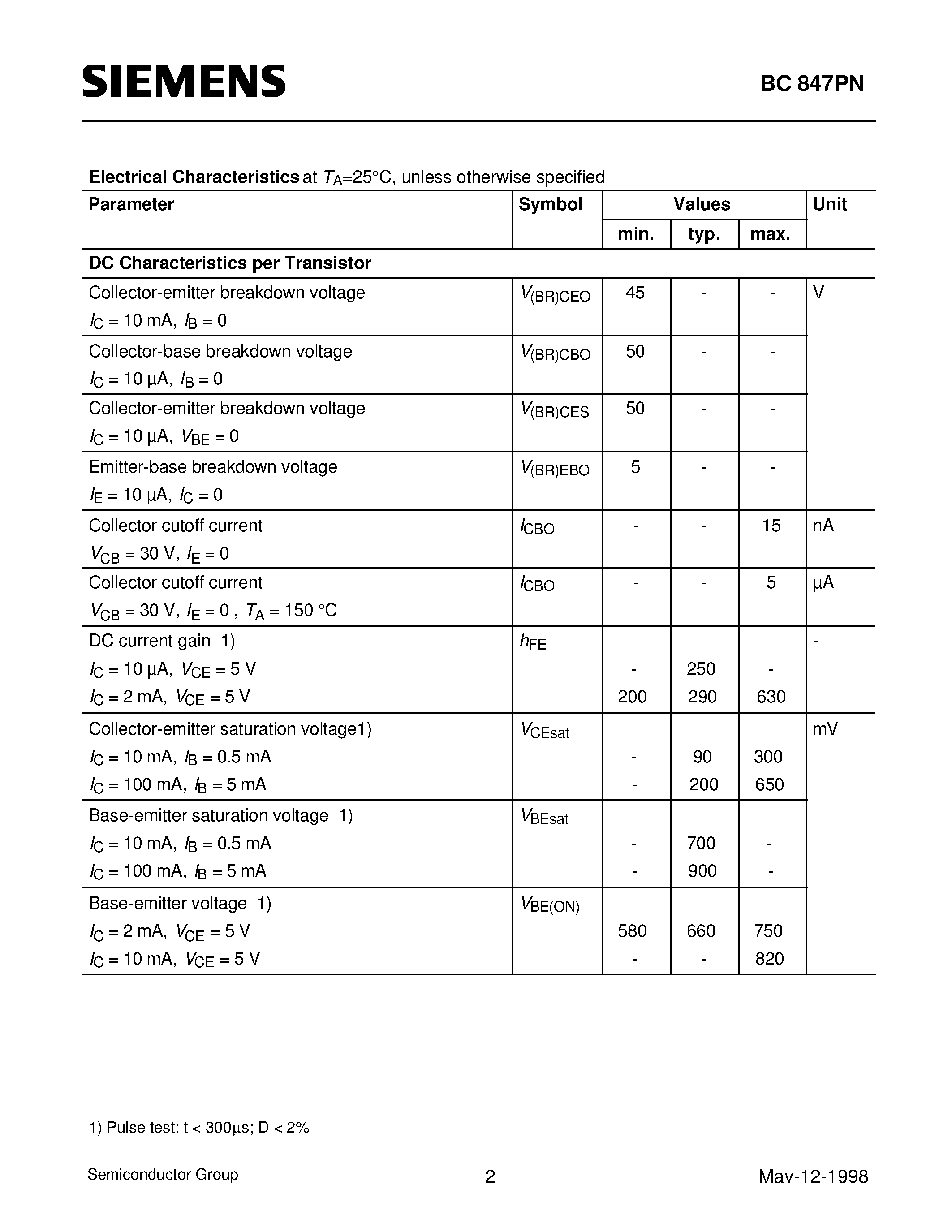 Datasheet Q62702-C2374 - NPN/PNP Silicon AF Transistor Array (For AF input stages and driver applications High current gain Low collector-emitter saturation voltage) page 2