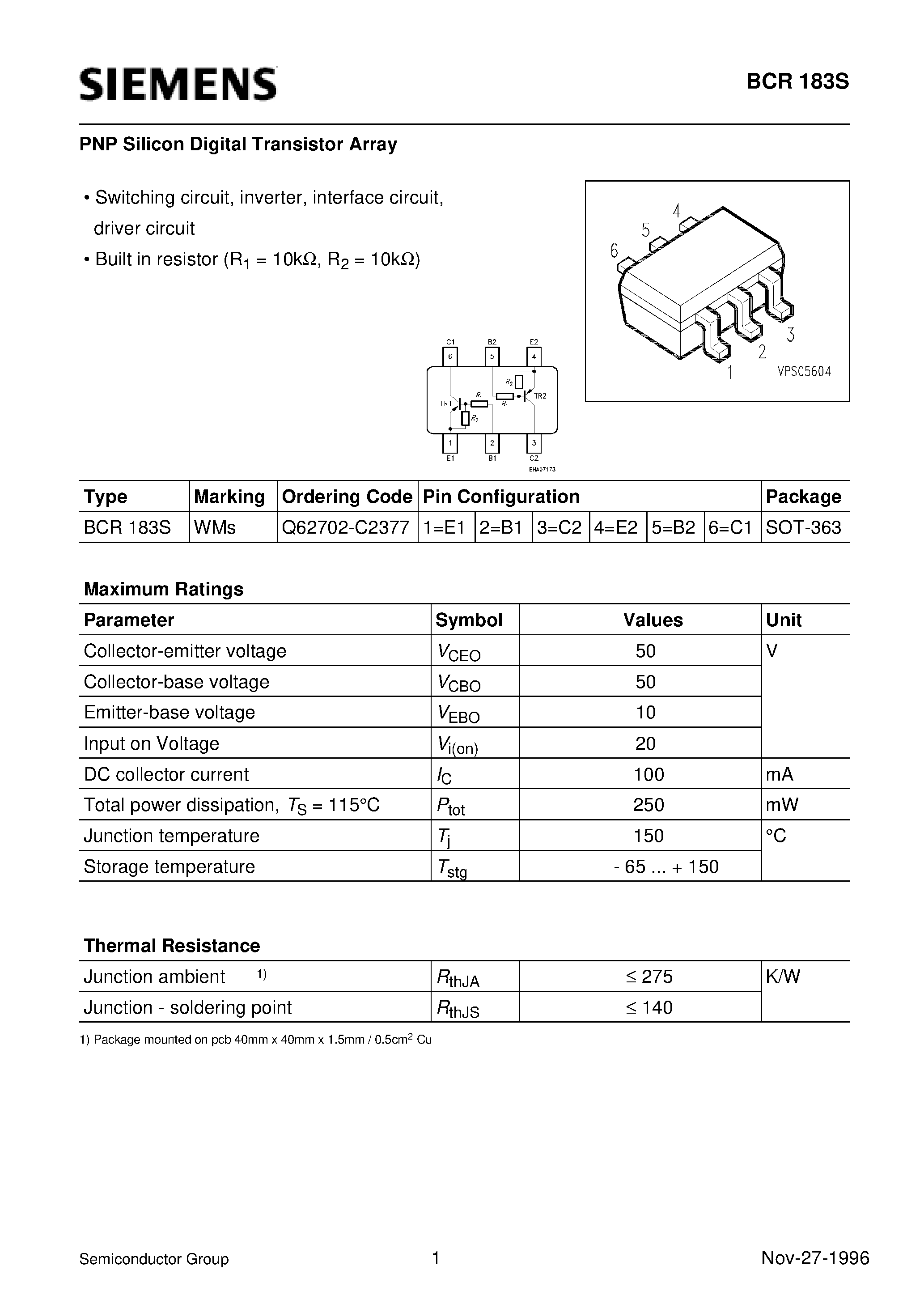 Datasheet Q62702-C2377 page 1 Datasheet Q62702-C2377 - PNP Silicon Digital Transistor Array (Switching circuit/ inverter/ interface circuit/ driver circuit) page 1