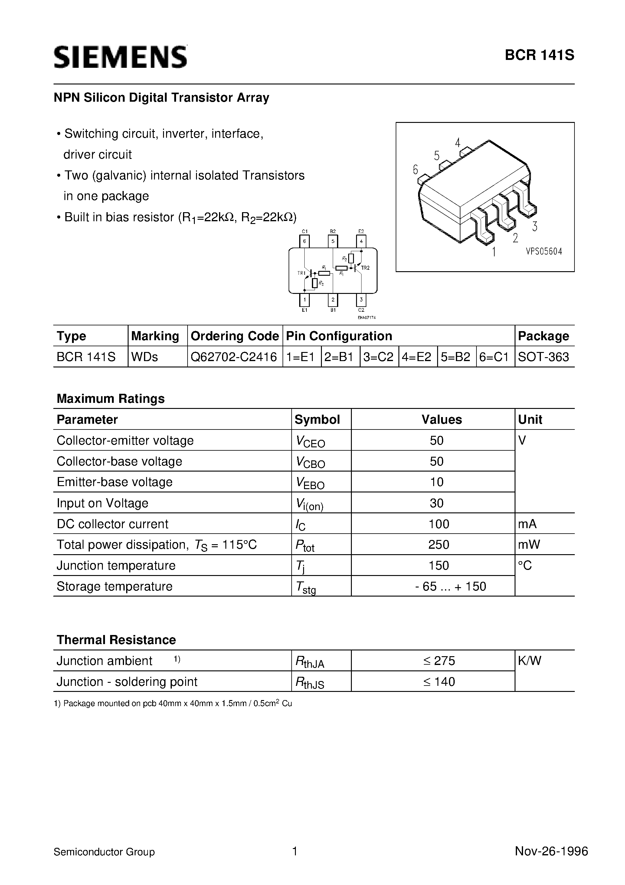 Datasheet Q62702-C2416 page 1 Datasheet Q62702-C2416 - NPN Silicon Digital Transistor Array (Switching circuit/ inverter/ interface/ driver circuit) page 1