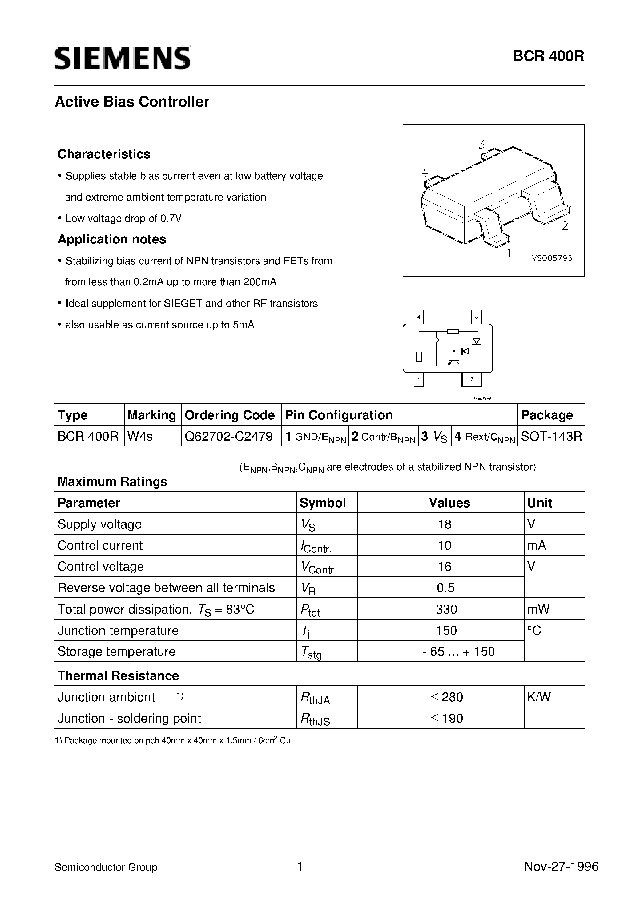 Даташит Q62702-C2479 - Active Bias Controller (Supplies stable bias current even at low battery voltage and extreme ambient temperature variation) страница 1
