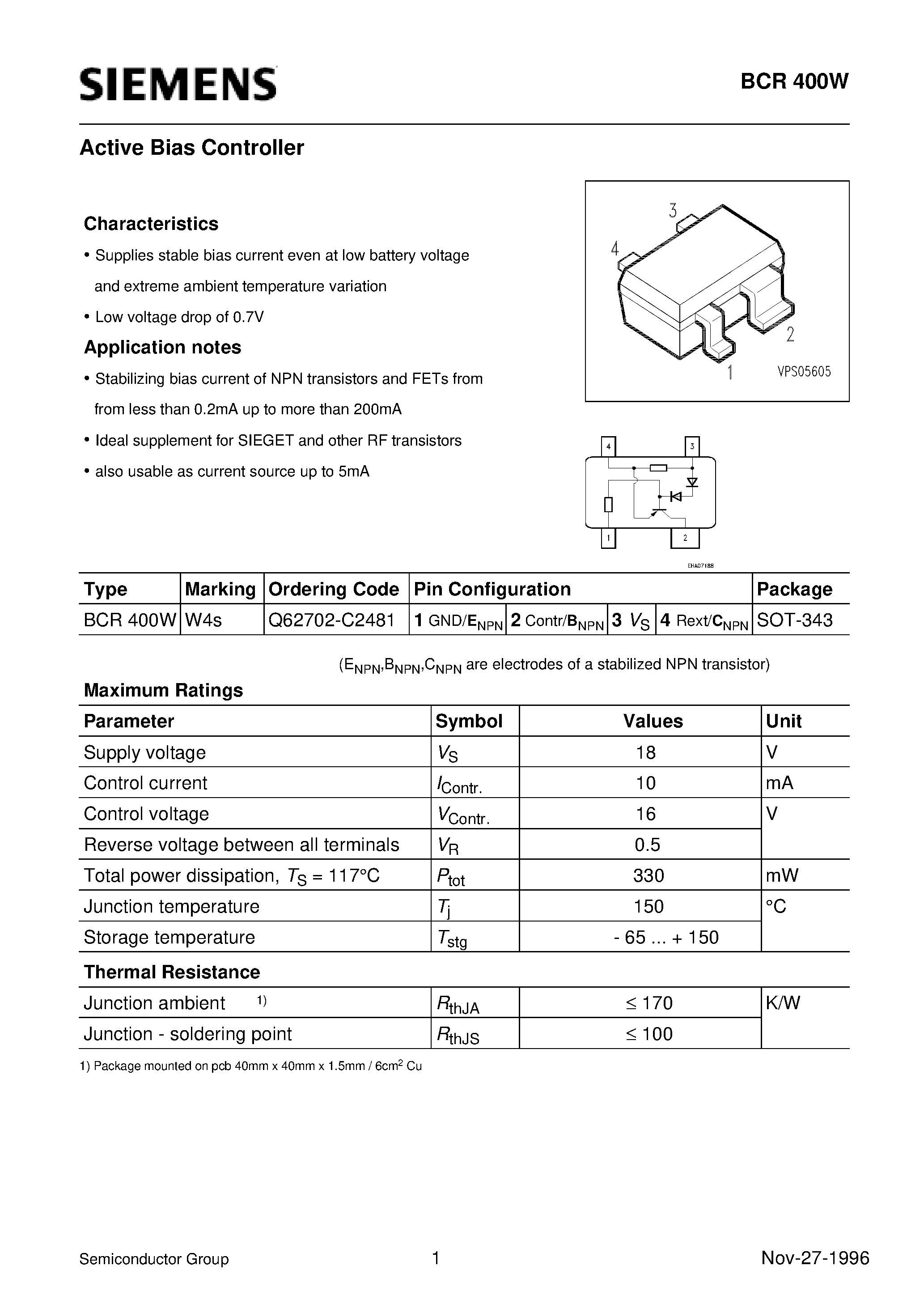 Даташит Q62702-C2481 - Active Bias Controller (Supplies stable bias current even at low battery voltage and extreme ambient temperature variation) страница 1