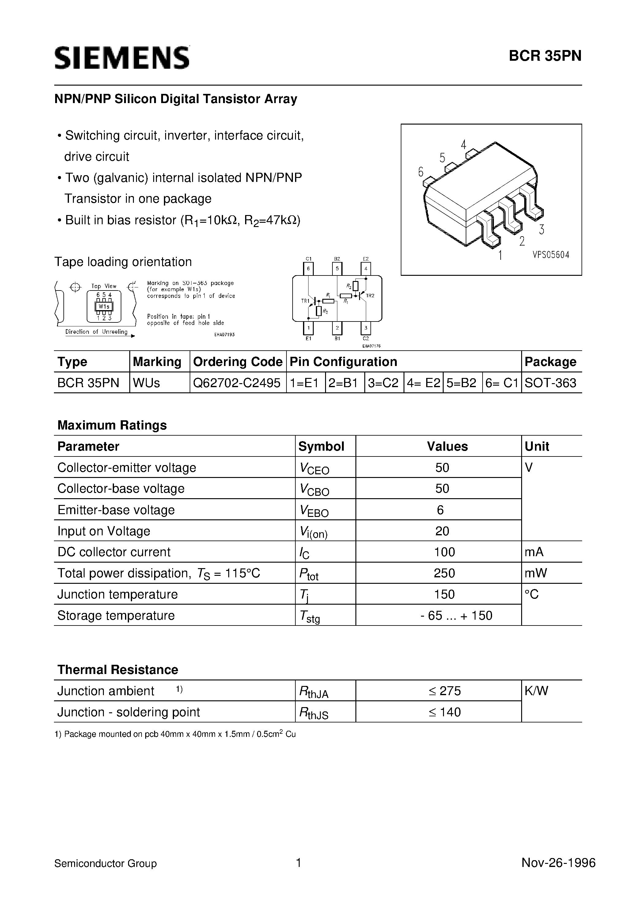 Datasheet Q62702-C2495 - NPN/PNP Silicon Digital Tansistor Array (Switching circuit/ inverter/ interface circuit/ drive circuit) page 1
