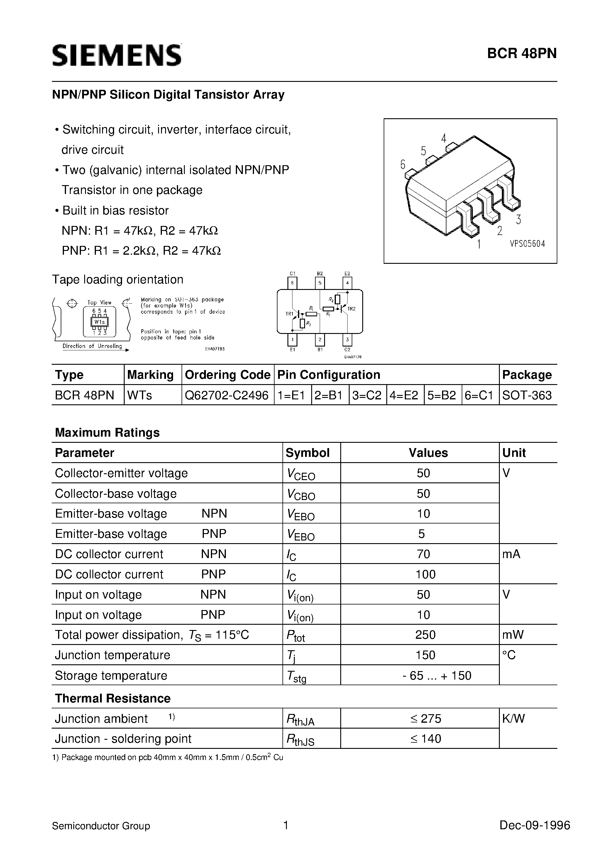 Datasheet Q62702-C2496 page 1 Datasheet Q62702-C2496 - NPN/PNP Silicon Digital Tansistor Array (Switching circuit/ inverter/ interface circuit/ drive circuit) page 1