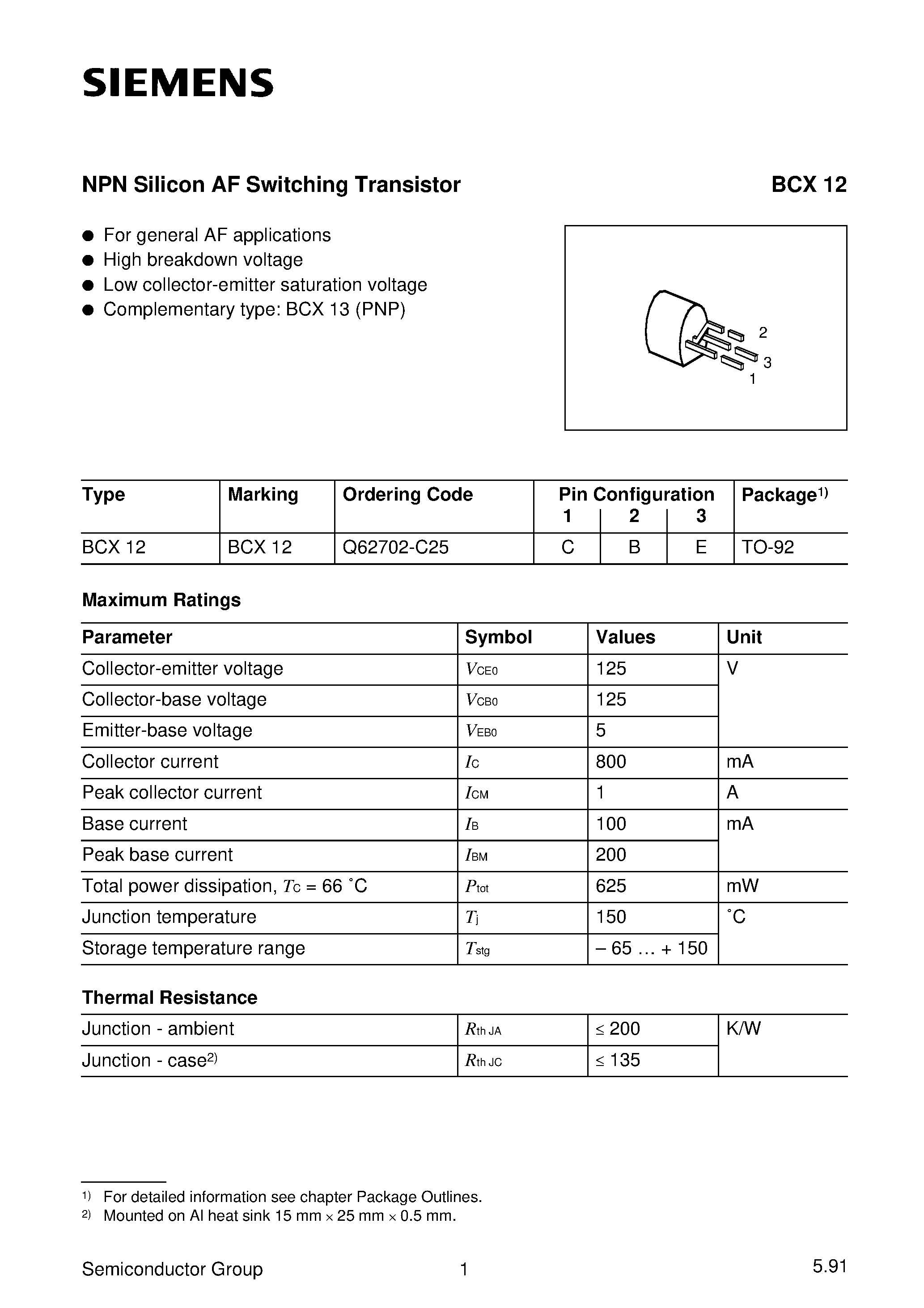 Datasheet Q62702-C25 page 1 Datasheet Q62702-C25 - NPN Silicon AF Switching Transistor (For general AF applications High breakdown voltage) page 1