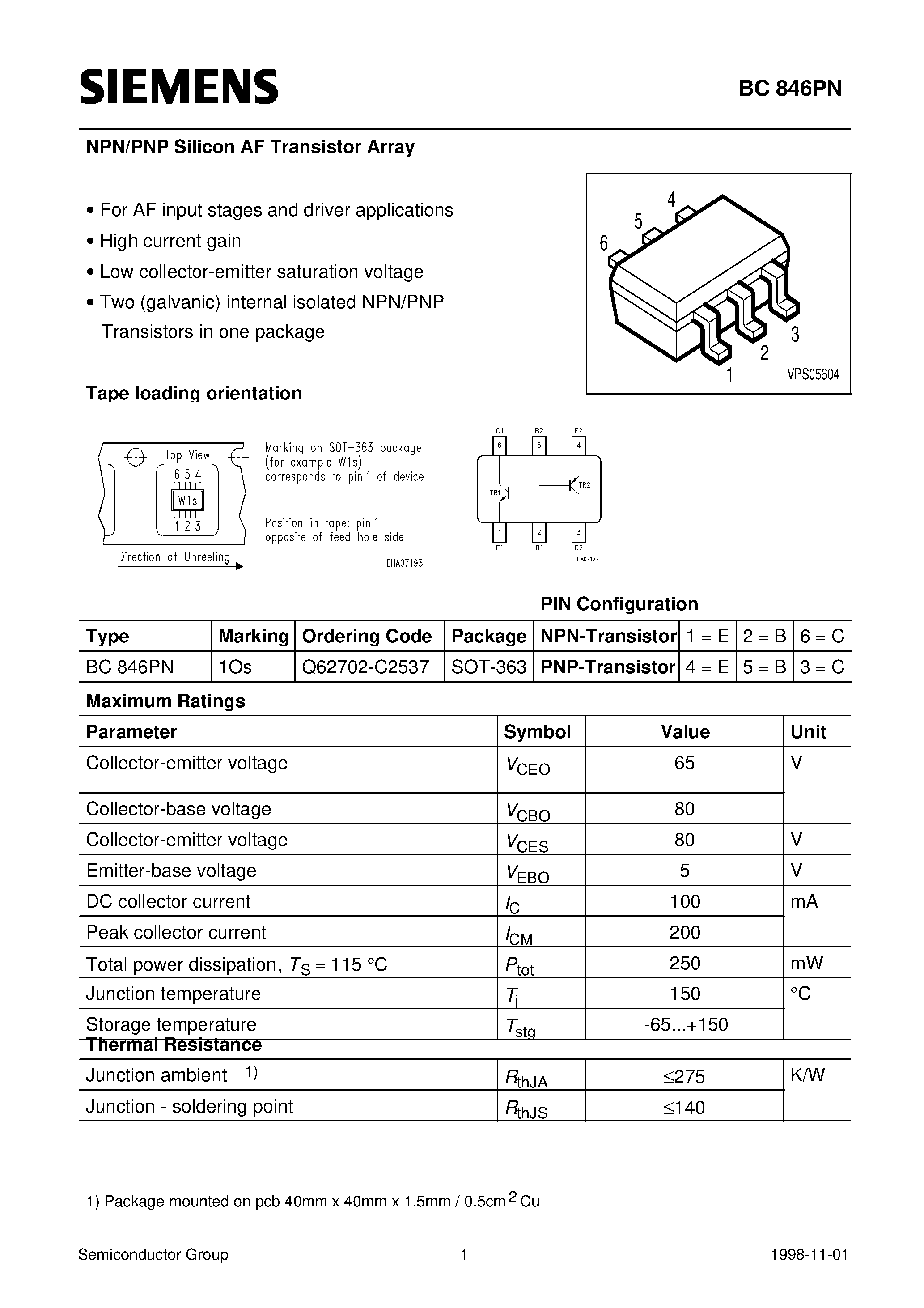 Datasheet Q62702-C2537 page 1 Datasheet Q62702-C2537 - NPN/PNP Silicon AF Transistor Array (For AF input stages and driver applications High current gain) page 1
