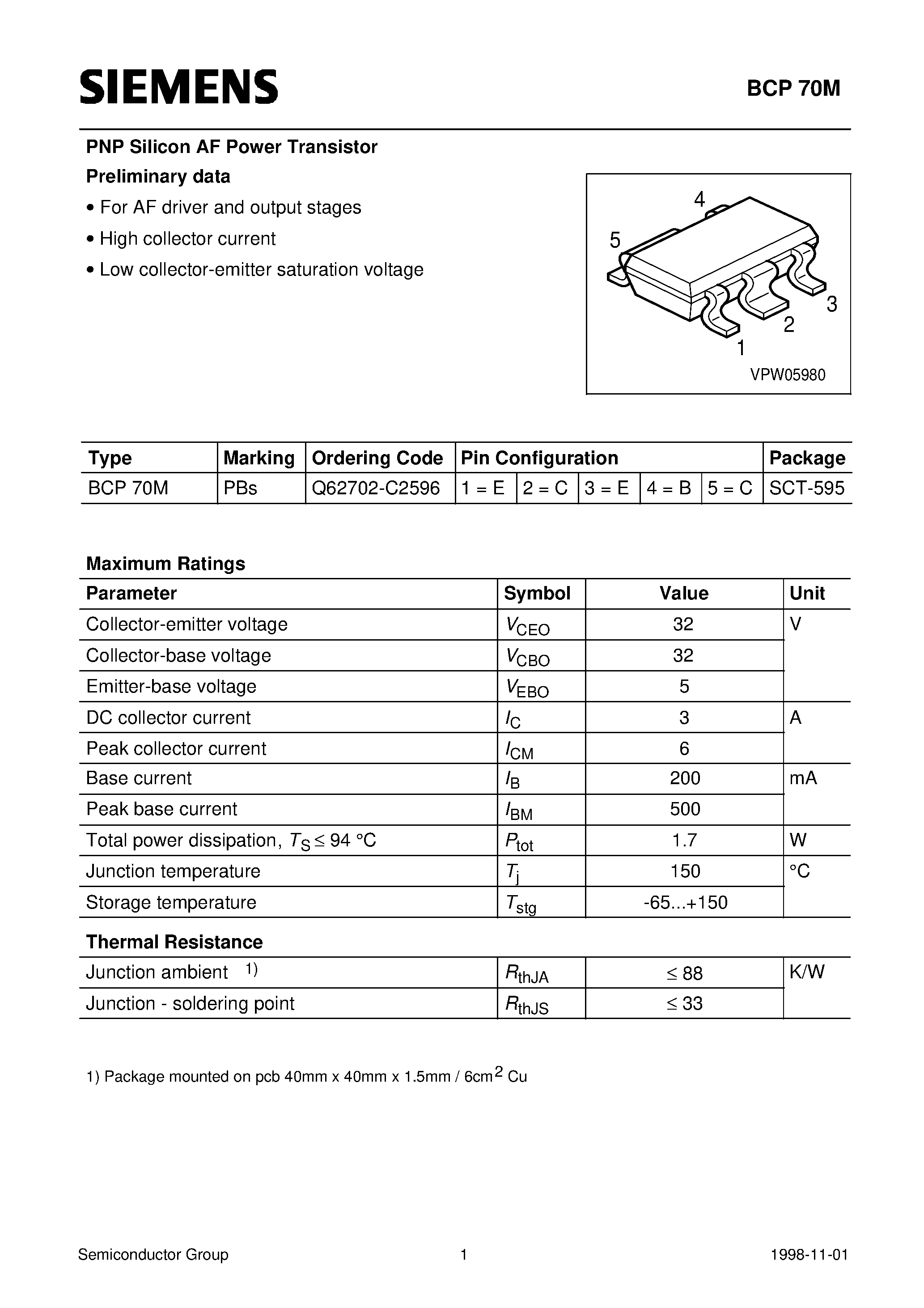 Datasheet Q62702-C2596 page 1 Datasheet Q62702-C2596 - PNP Silicon AF Power Transistor (For AF driver and output stages High collector current) page 1
