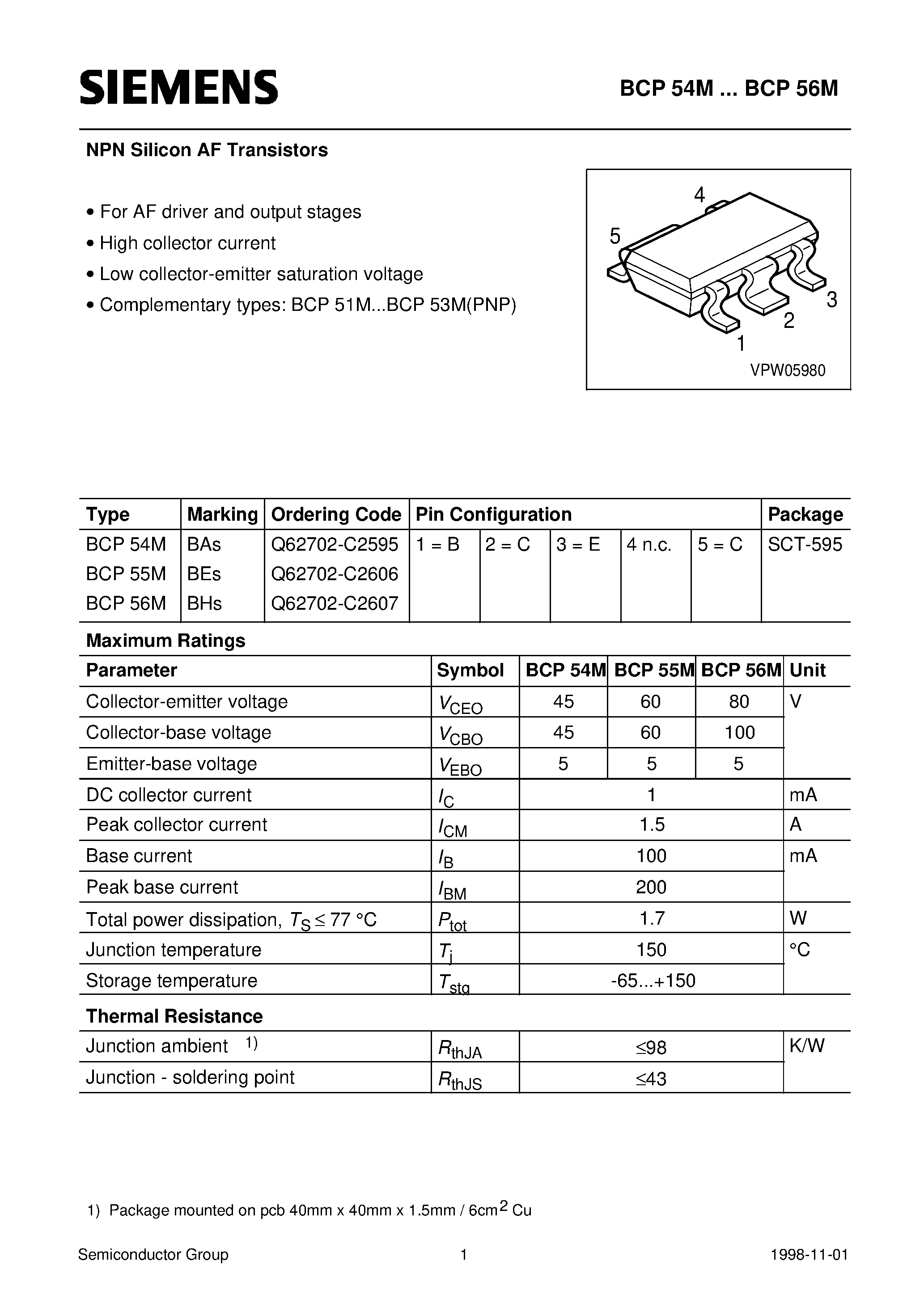Datasheet Q62702-C2607 - NPN Silicon AF Transistors (For AF driver and output stages High collector current) page 1