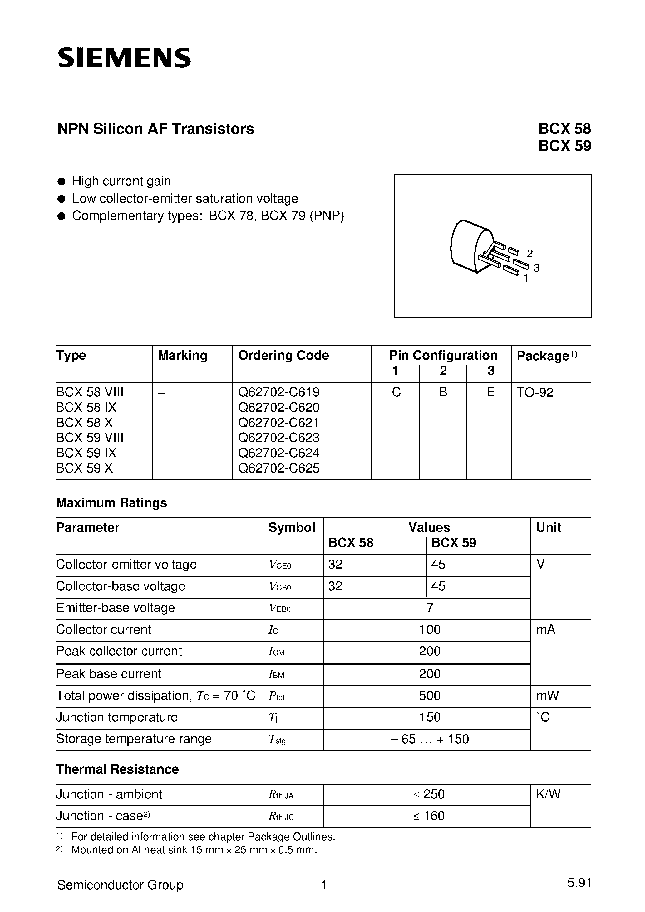 Datasheet Q62702-C621 - NPN Silicon AF Transistors (High current gain Low collector-emitter saturation voltage) page 1