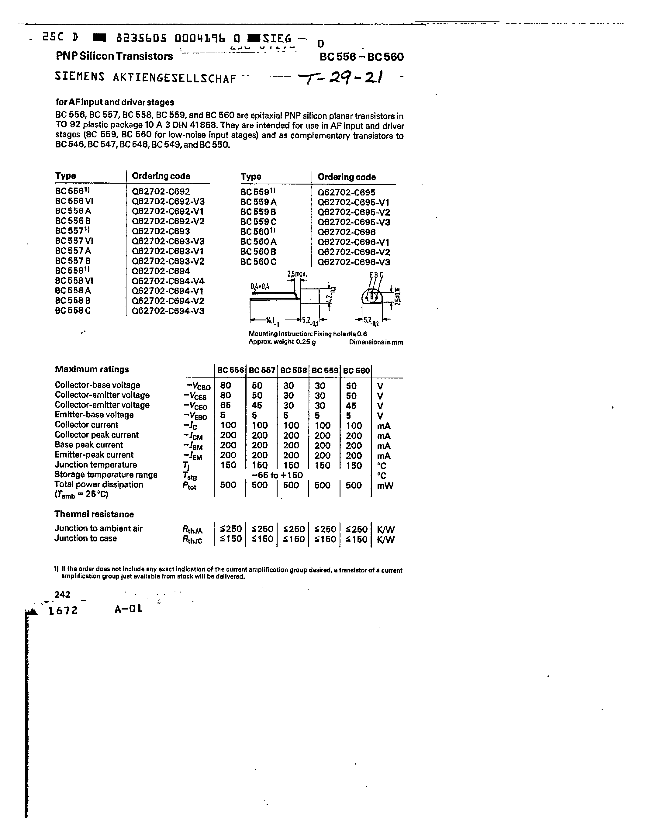 Datasheet Q62702-C693-V1 - PNP SILICON TRANSISTORS page 1