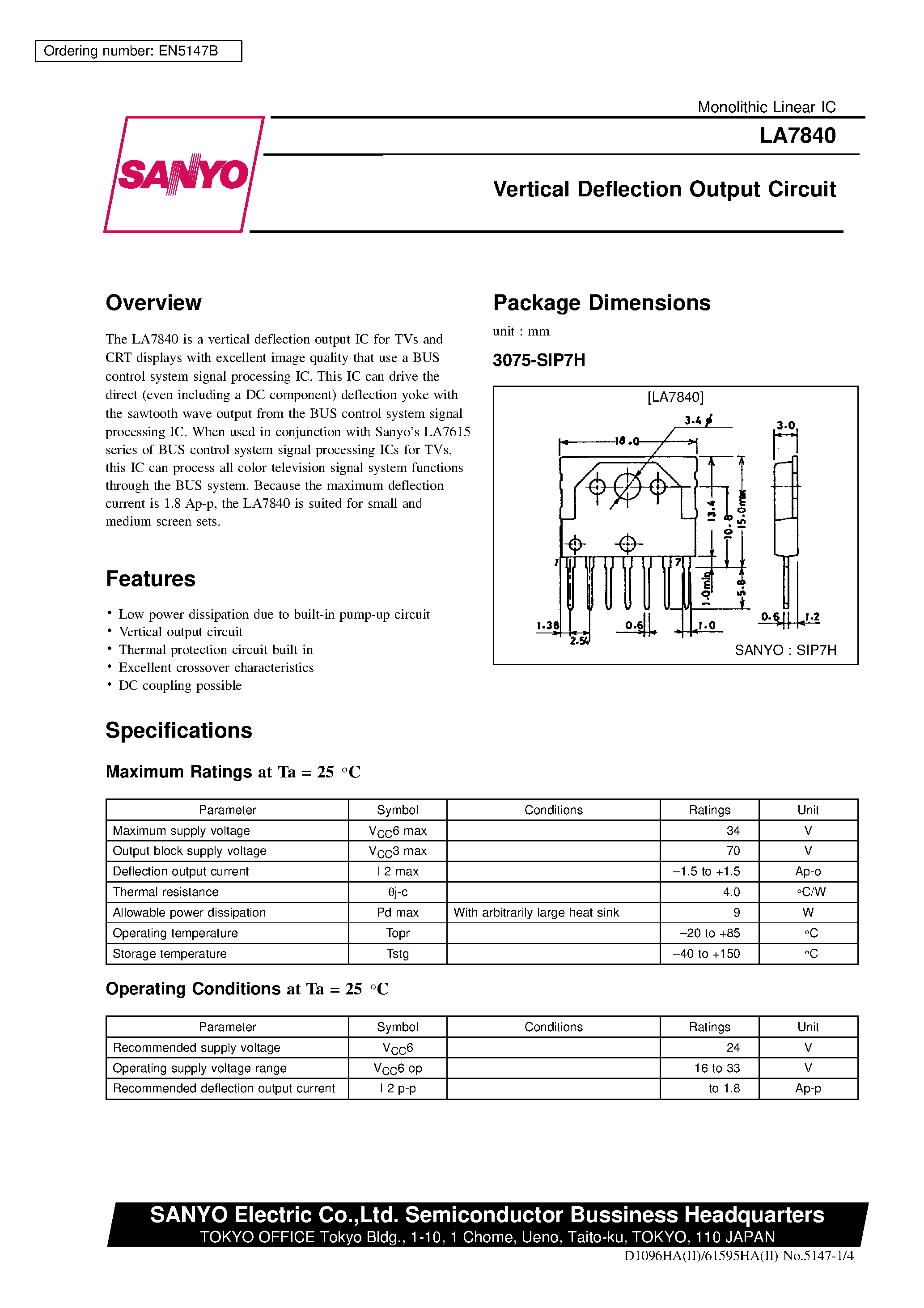 Даташит LA7840 - Vertical Deflection Output Circuit страница 1