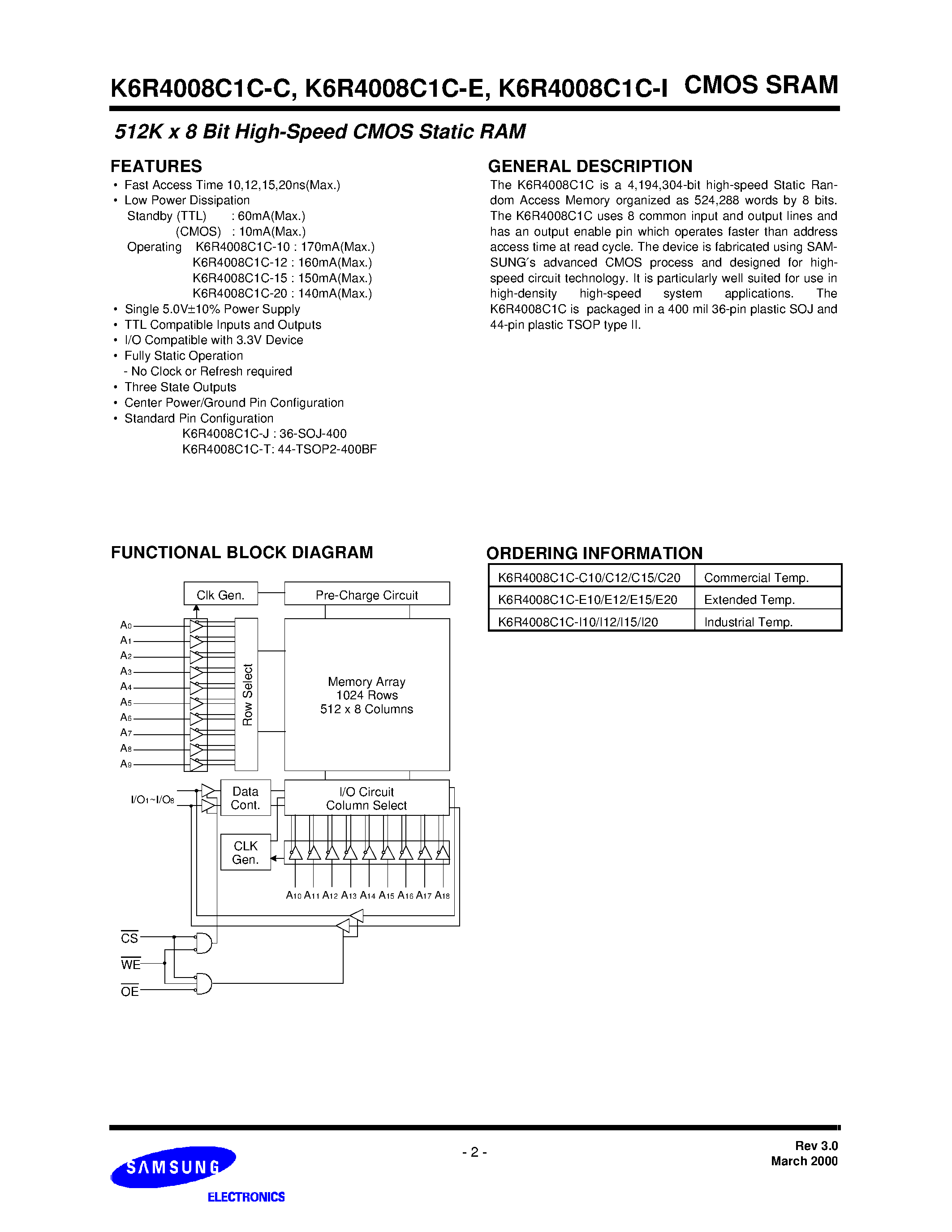 Datasheet K6R4008C1C - 512K x 8bit High Speed Static CMOS SRAM page 2