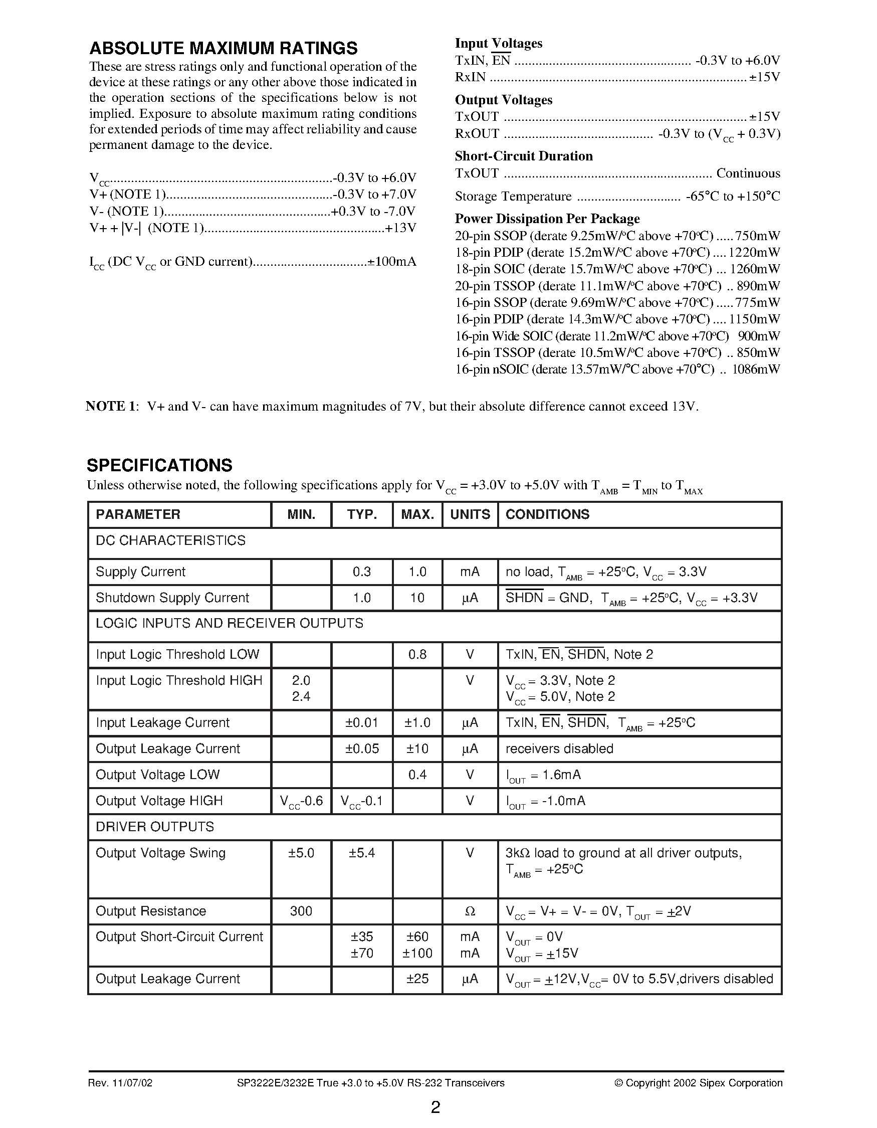 Datasheet SP3232ECY page 2 Datasheet SP3232ECY - True +3.0V to +5.5V RS-232 Transceivers page 2