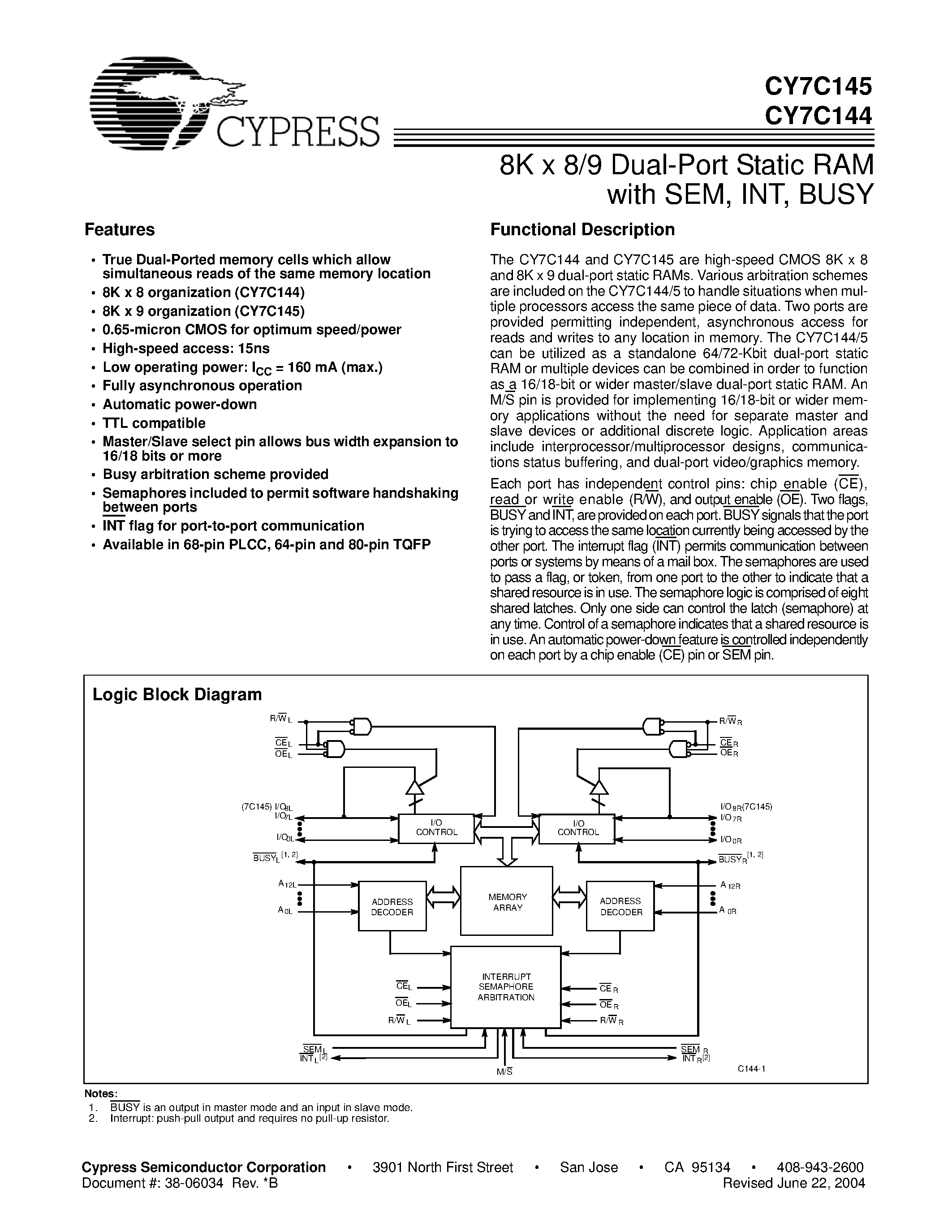 Даташит на микросхему CY7C144 страница 1 Даташит CY7C144 - 8K x 9/0 Dual-Port Static RAM страница 1